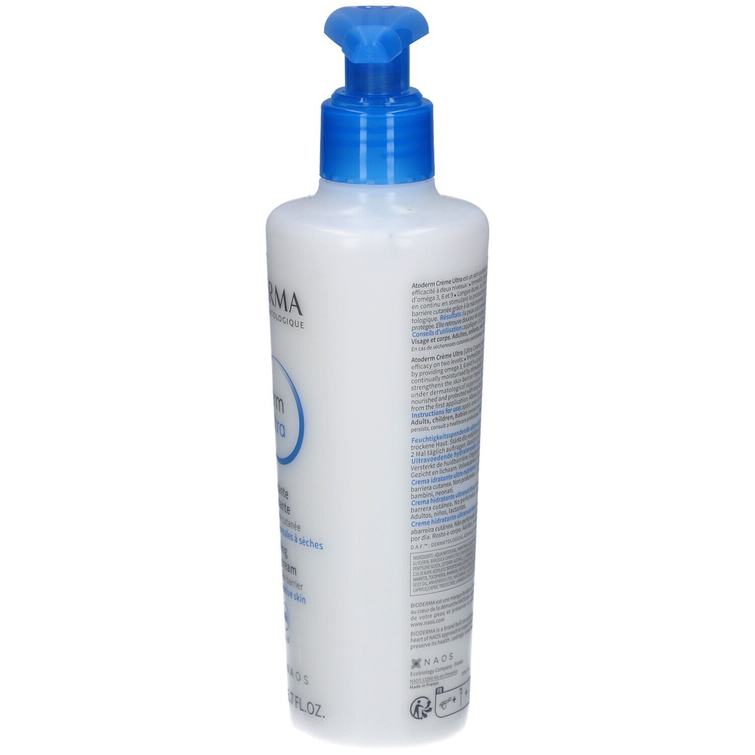 Seite einer weißen Flasche mit blauem Pumpkopf. Text. BIODERMA Atoderm Crème Ultra.