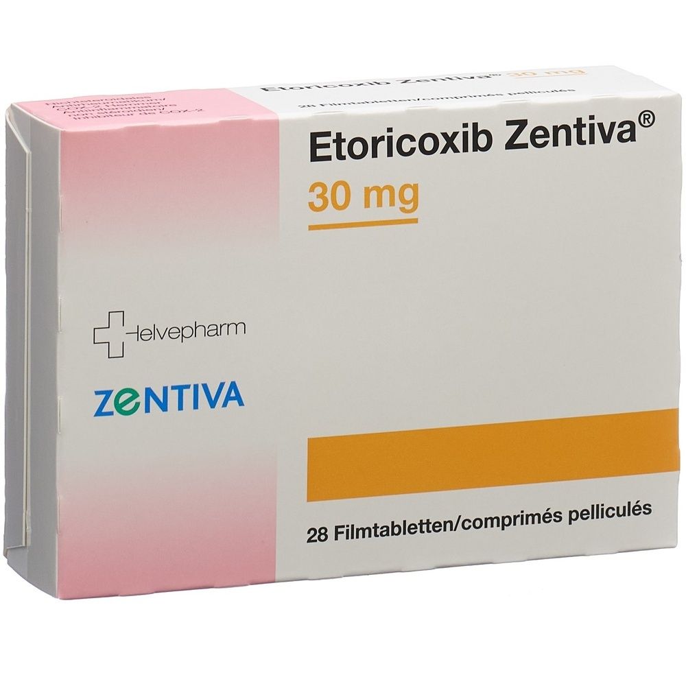 Boîte "Etoricoxib Zentiva 30 mg". Rose et blanc, logo et texte. Contient 28 comprimés pelliculés.