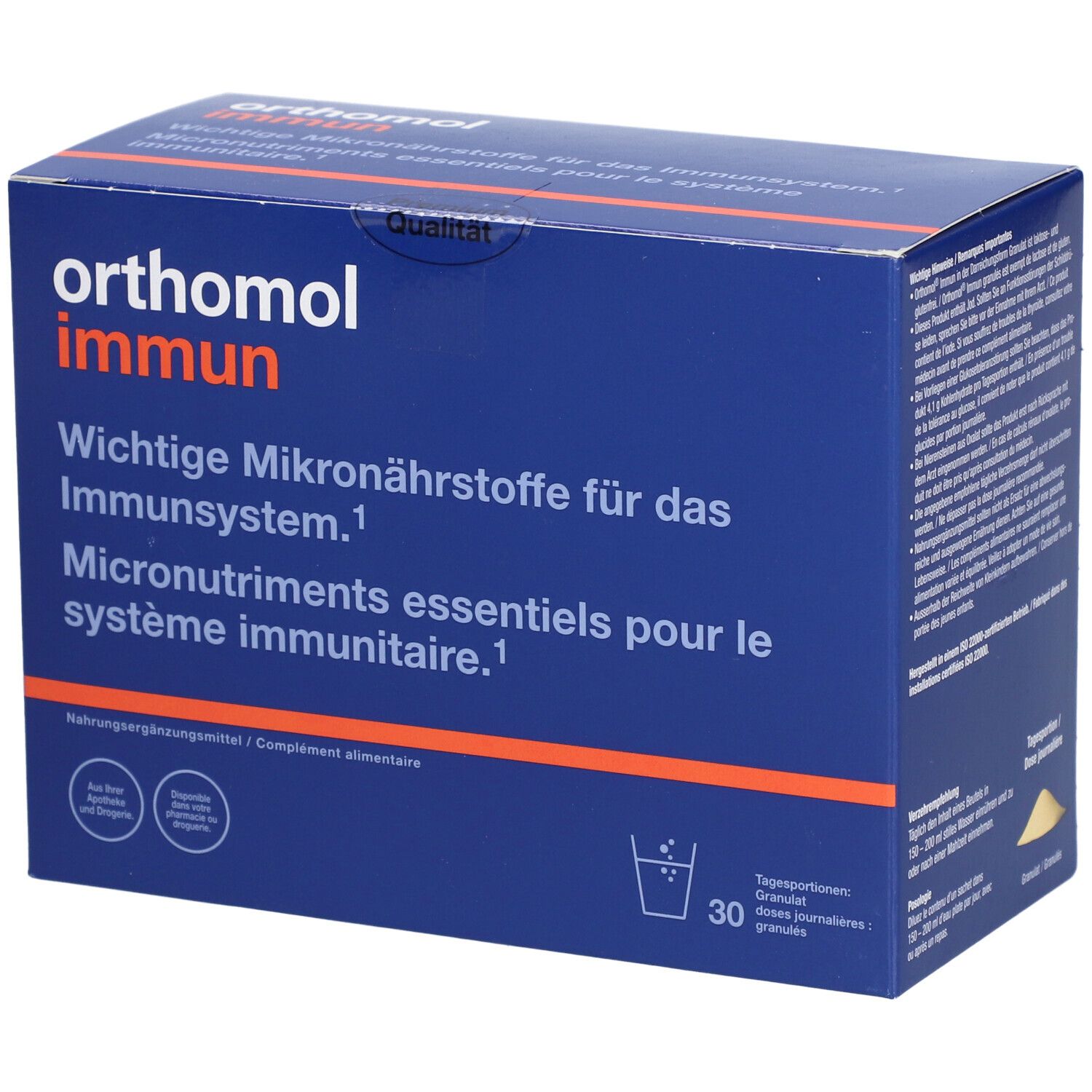 Boîte bleue avec logo "orthomol immun". Contient 30 portions journalières. Texte : "Micronutriments essentiels pour le système immunitaire."