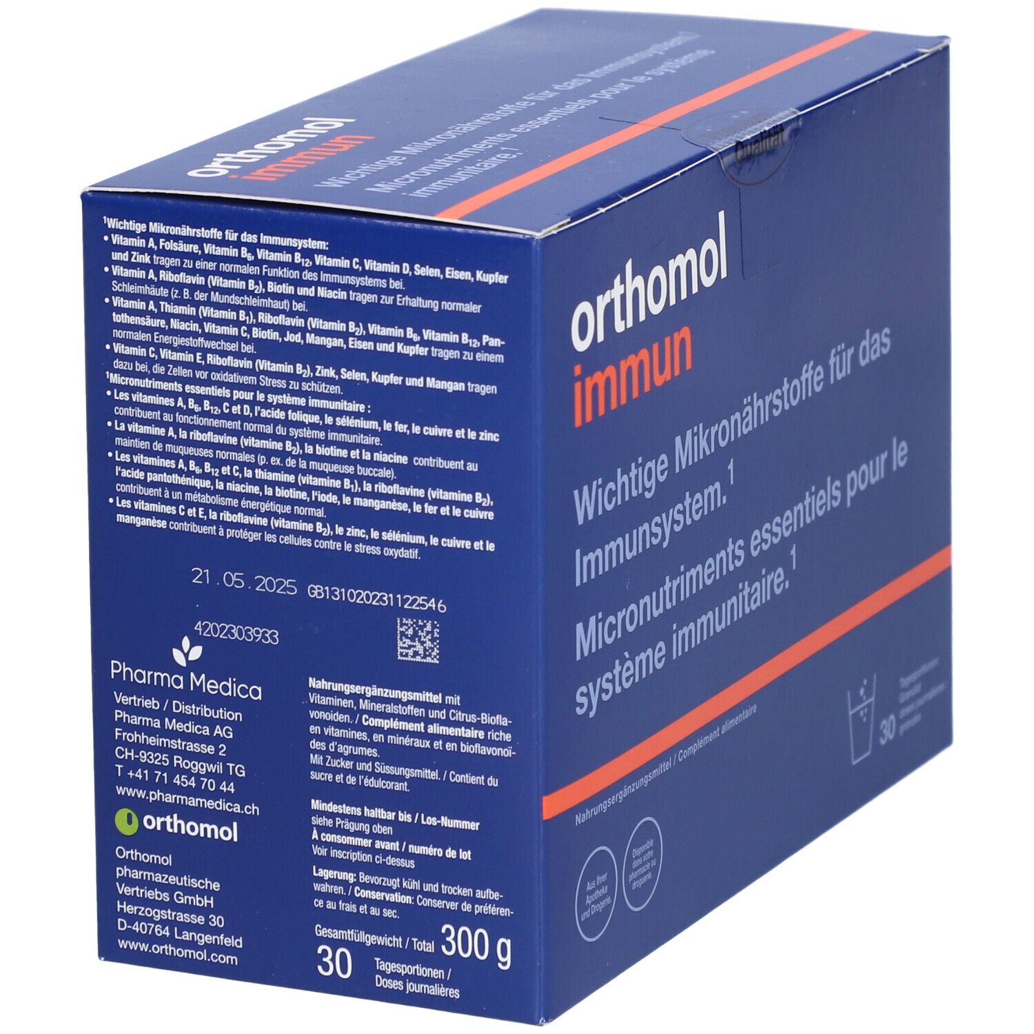 Boîte bleue "orthomol immun" avec informations sur le contenu et le fabricant. Contient 30 portions. Bande orange.