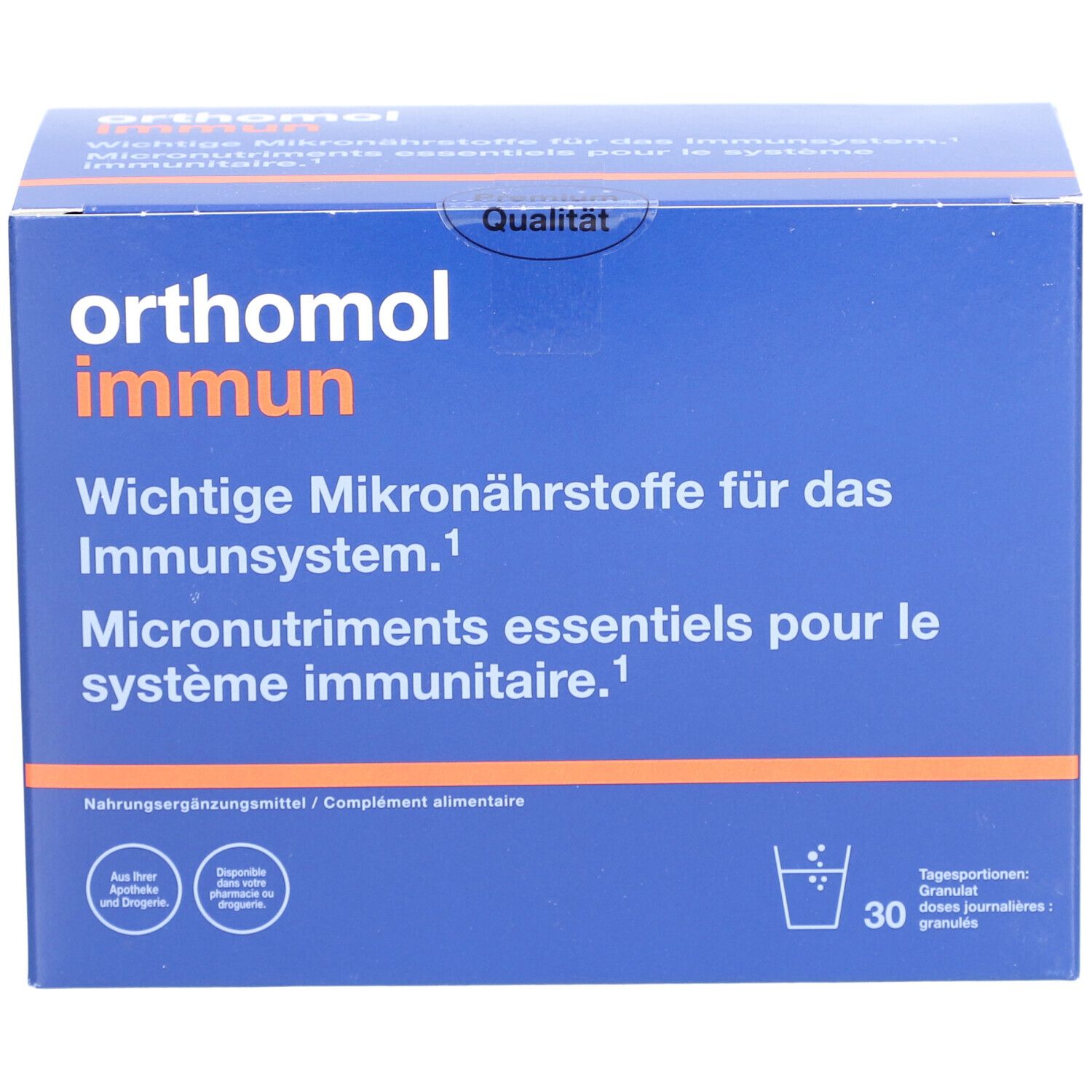 Boîte bleue "orthomol immun" avec logo et texte : "Micronutriments essentiels pour le système immunitaire." 30 portions.