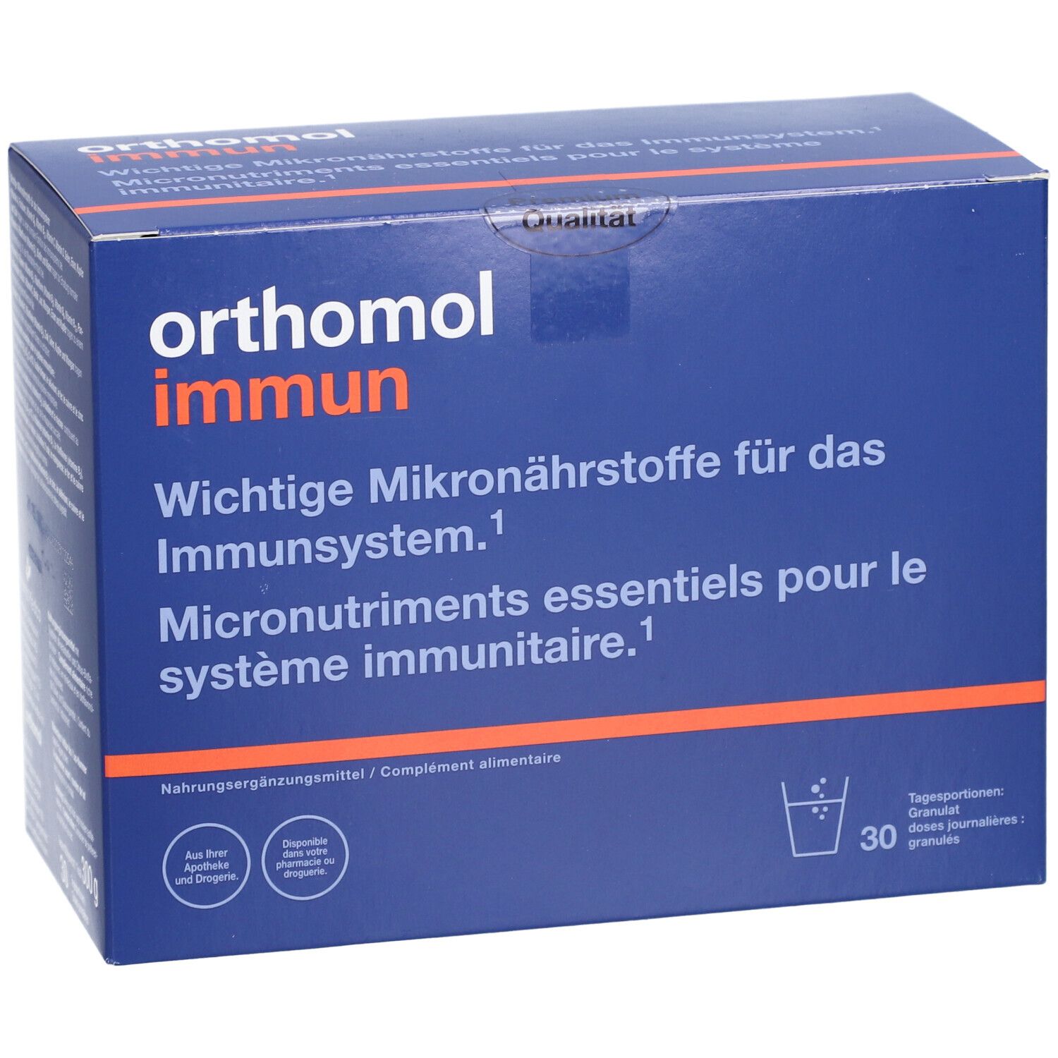 Boîte bleue "orthomol immun" avec logo et texte : "Micronutriments essentiels pour le système immunitaire." 30 portions.