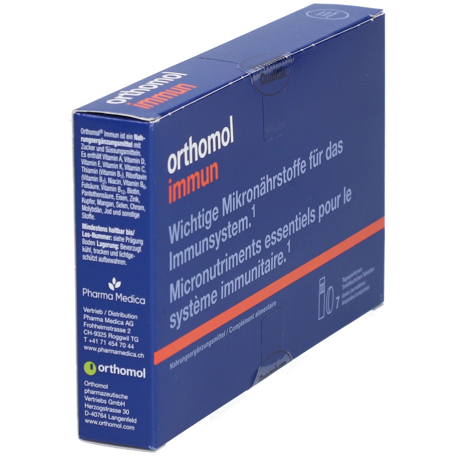 Blaue Schachtel mit "orthomol immun"-Logo. Text: "Wichtige Mikronährstoffe für das Immunsystem". Enthält Trinkampullen und Tabletten.