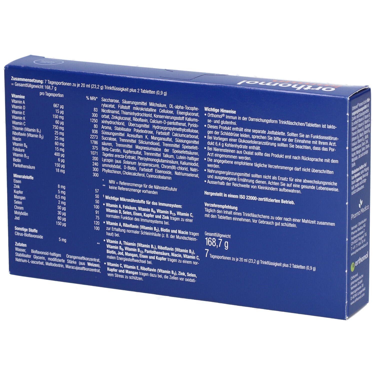 Rückseite der blauen Schachtel. Enthält Informationen zu Inhaltsstoffen, Nährwerten und Hersteller. FSC-Zertifizierung.
