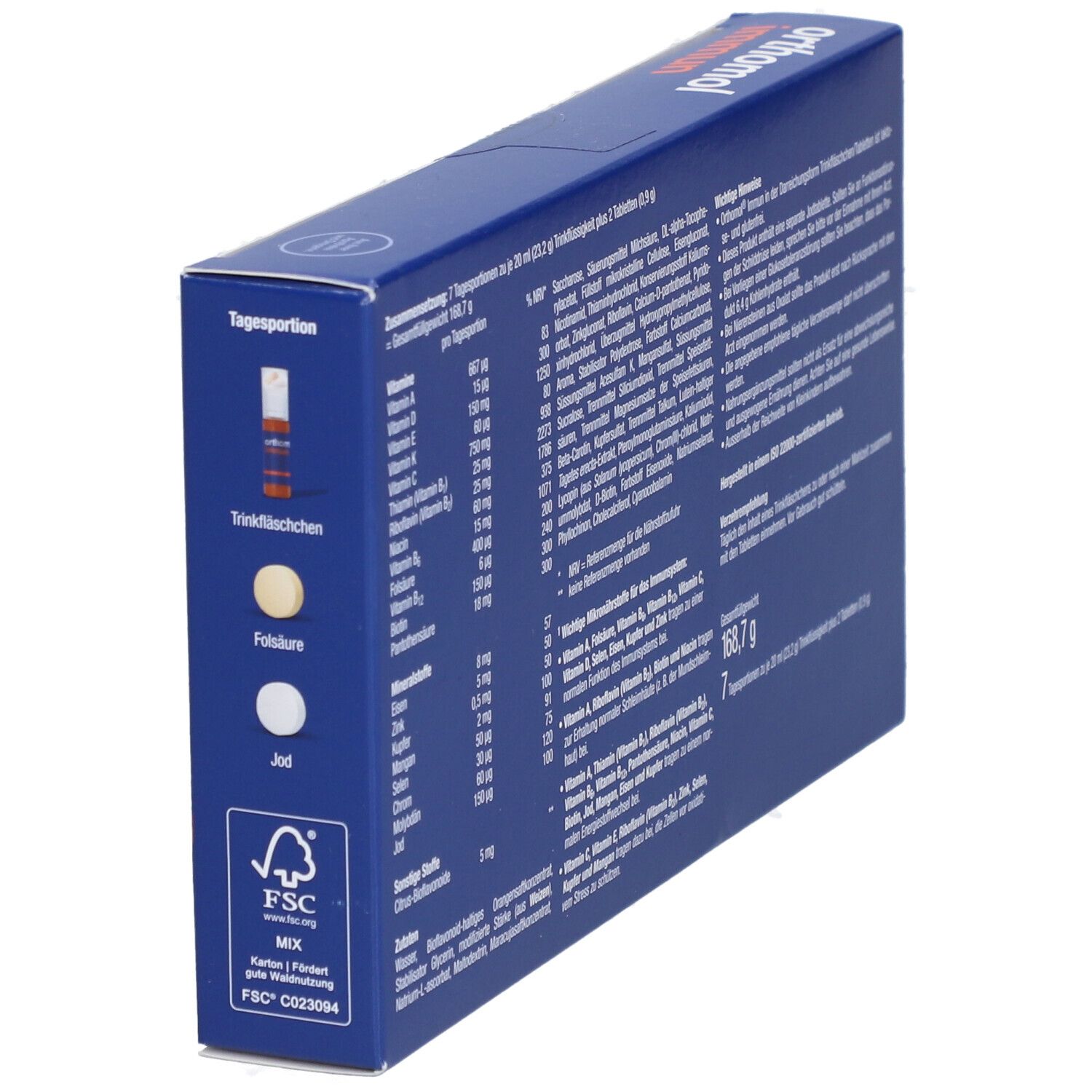 Seitenansicht der blauen Schachtel. Enthält Informationen zu Inhaltsstoffen und Nährwerten. FSC-Zertifizierung.