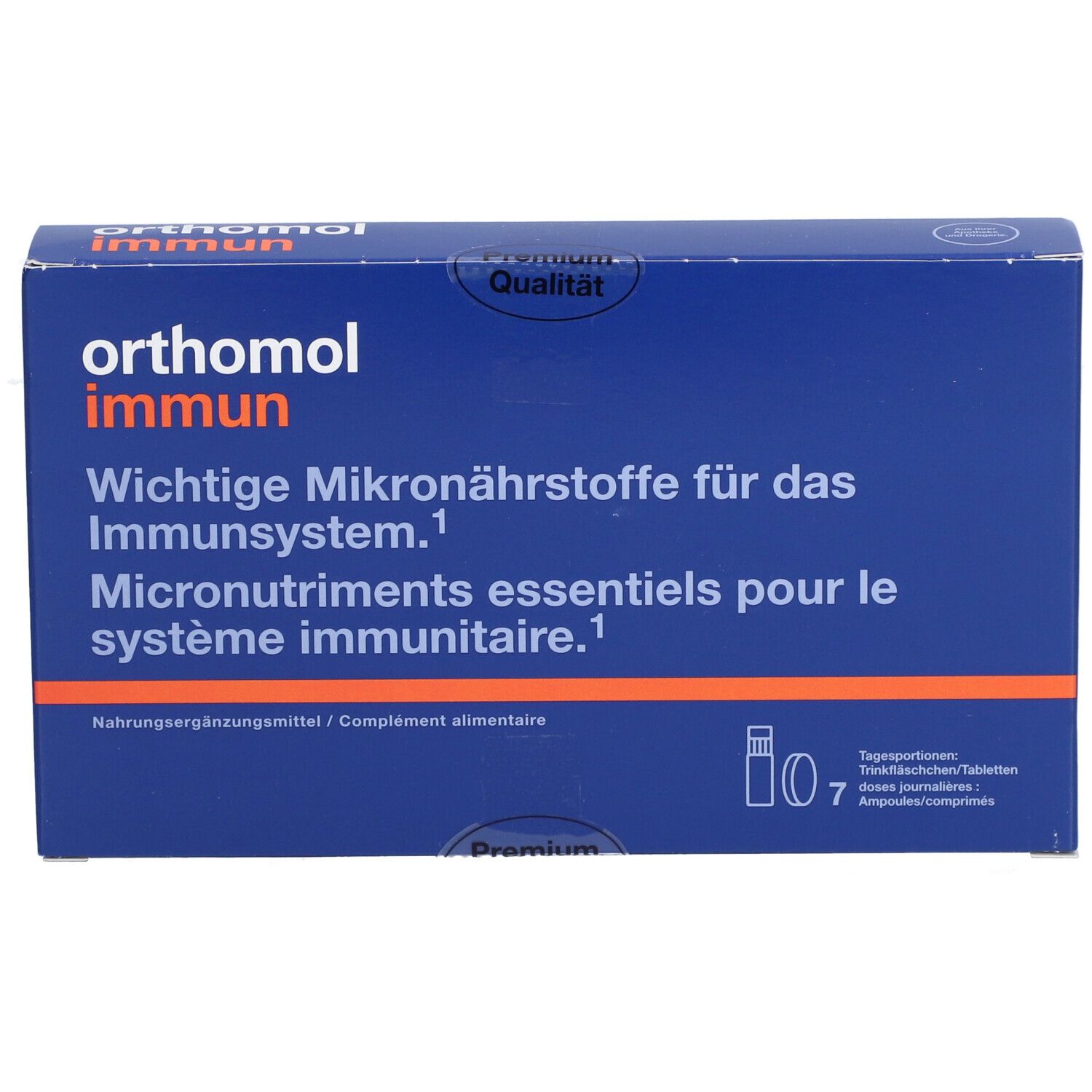 Blaue Schachtel mit "orthomol immun"-Logo. Text: "Wichtige Mikronährstoffe für das Immunsystem". Enthält Trinkampullen und Tabletten.