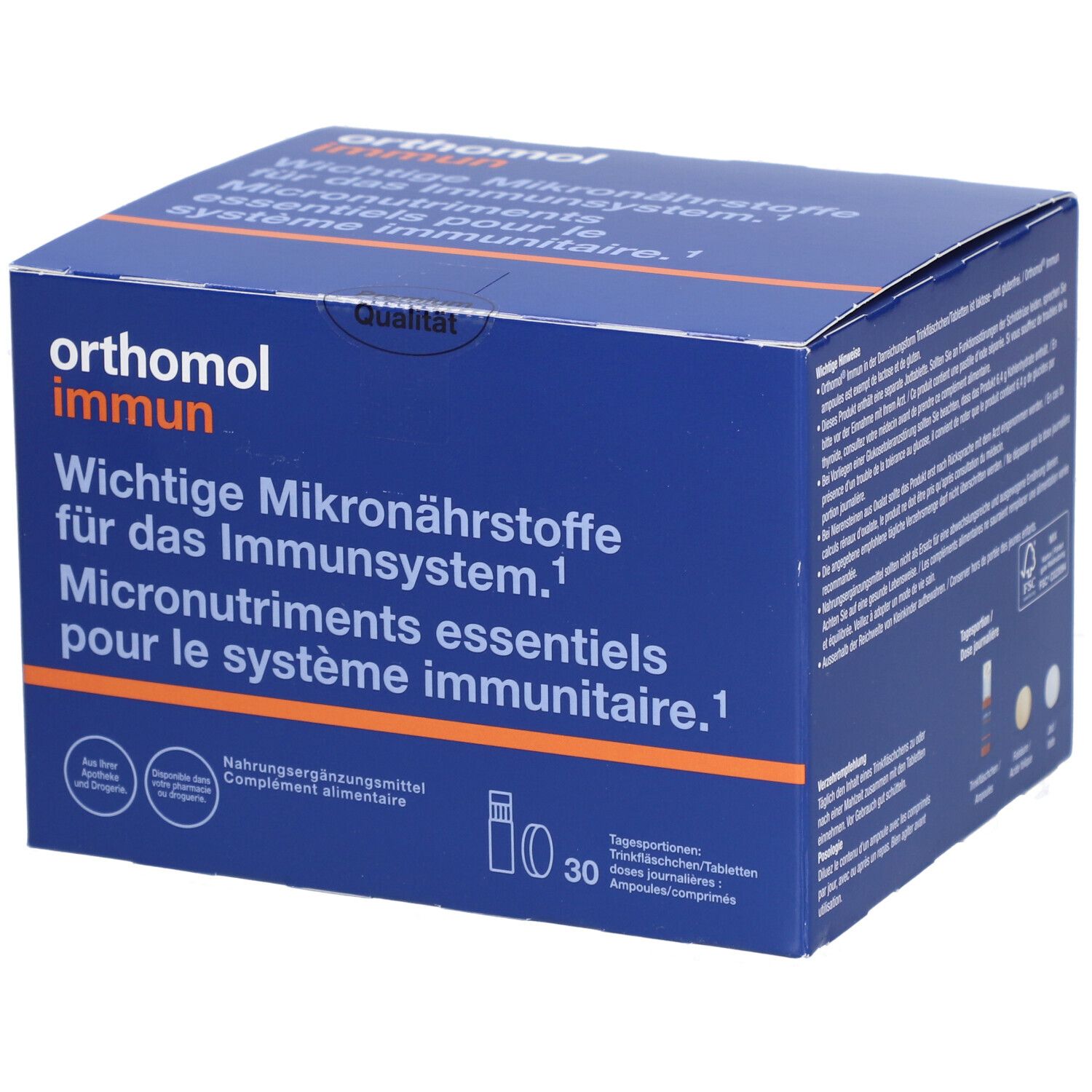 Blaue Schachtel mit "Orthomol Immun". Enthält Trinkampullen und Tabletten. Aufschrift: "Wichtige Mikronährstoffe für das Immunsystem".
