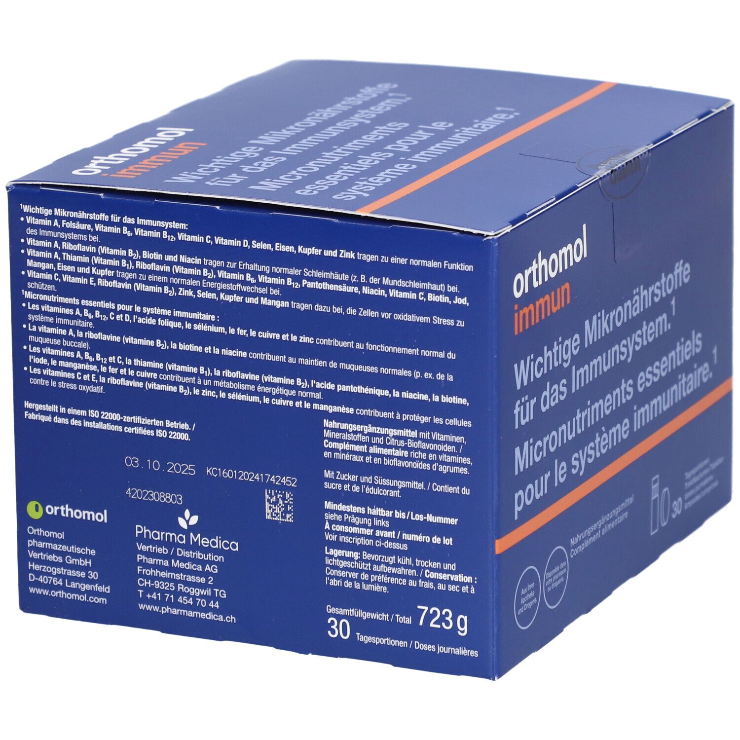 Blaue Schachtel "Orthomol Immun". Rückseite mit Inhaltsstoffen und Nährwertangaben. Enthält 30 Tagesportionen. Gewicht: 723g.