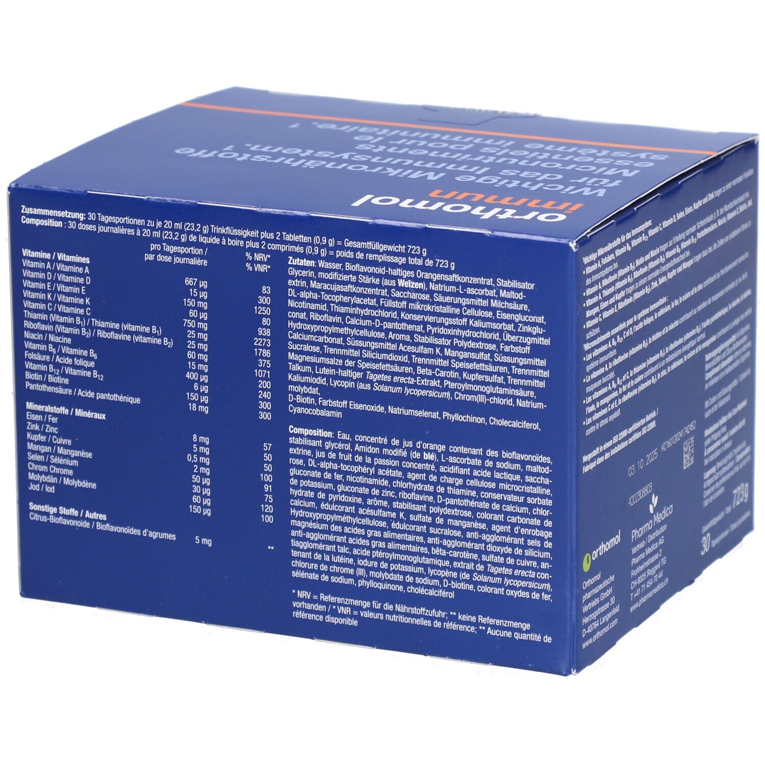 Blaue Schachtel "Orthomol Immun". Detailansicht der Inhaltsstoffe und Nährwertangaben. Enthält 30 Tagesportionen.