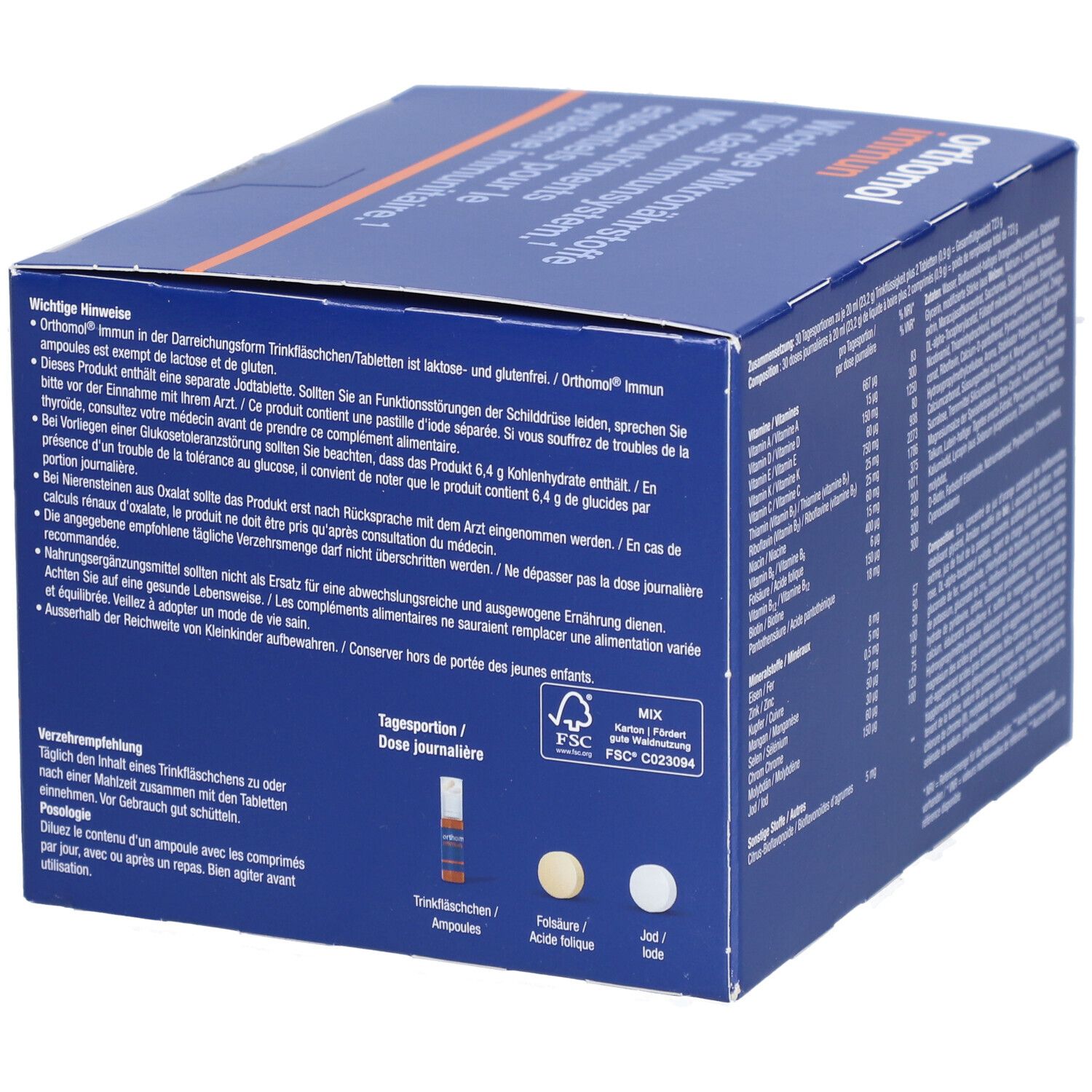 Blaue Schachtel "Orthomol Immun". Rückseite mit Warnhinweisen und Anwendungshinweisen. Enthält 30 Tagesportionen.