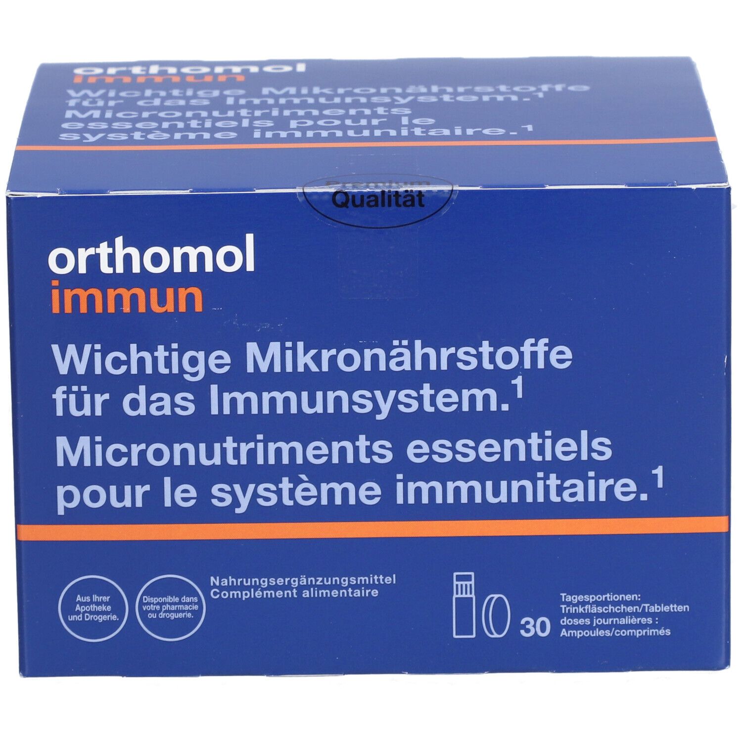 Blaue Schachtel "Orthomol Immun". Enthält Trinkampullen und Tabletten. Aufschrift: "Wichtige Mikronährstoffe für das Immunsystem". 30 Portionen.