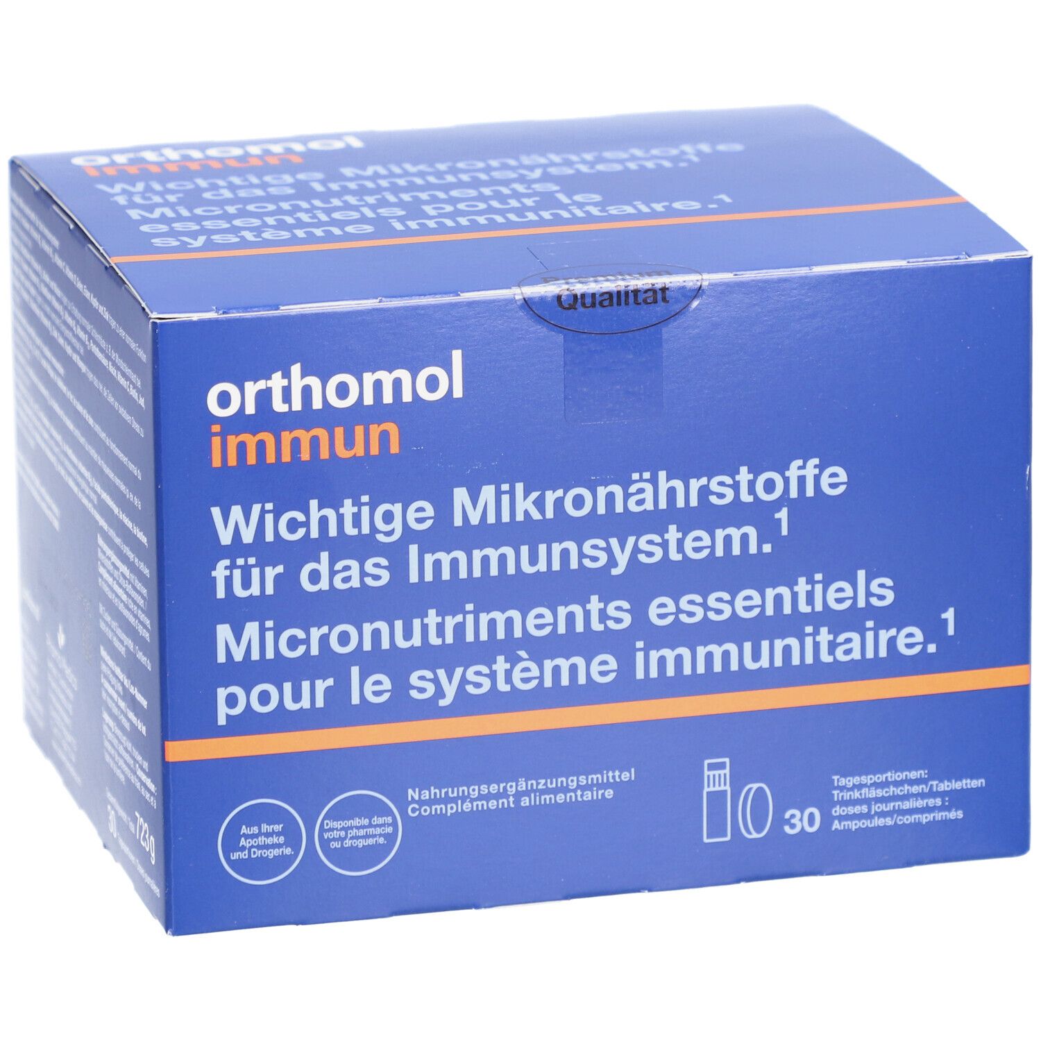 Blaue Schachtel "Orthomol Immun". Enthält Trinkampullen und Tabletten. Aufschrift: "Wichtige Mikronährstoffe für das Immunsystem". 30 Portionen.