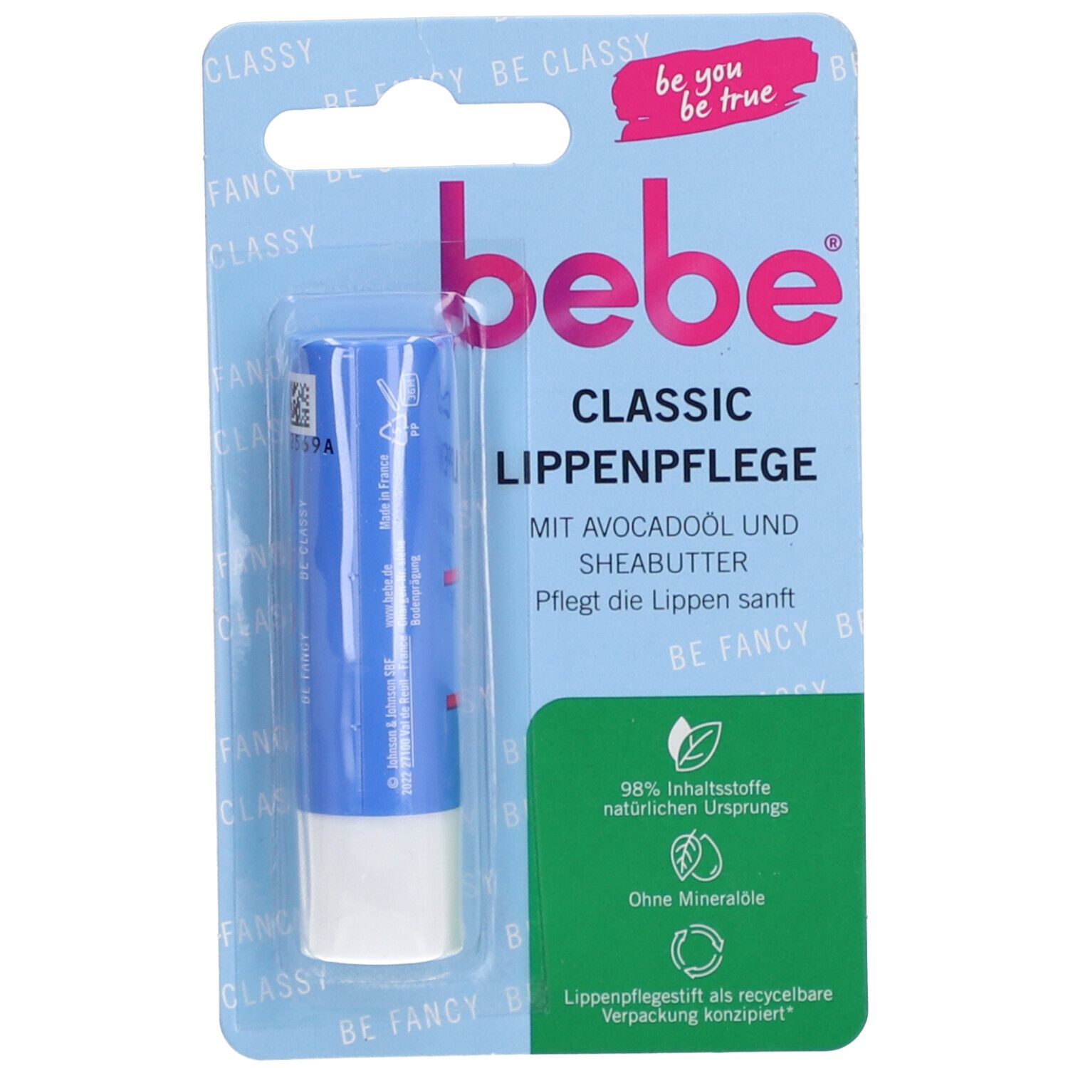 Stick à lèvres bleu dans un emballage blister. Texte: bebe Classic Lippenpflege avec huile d'avocat et beurre de karité. Marque bebe.