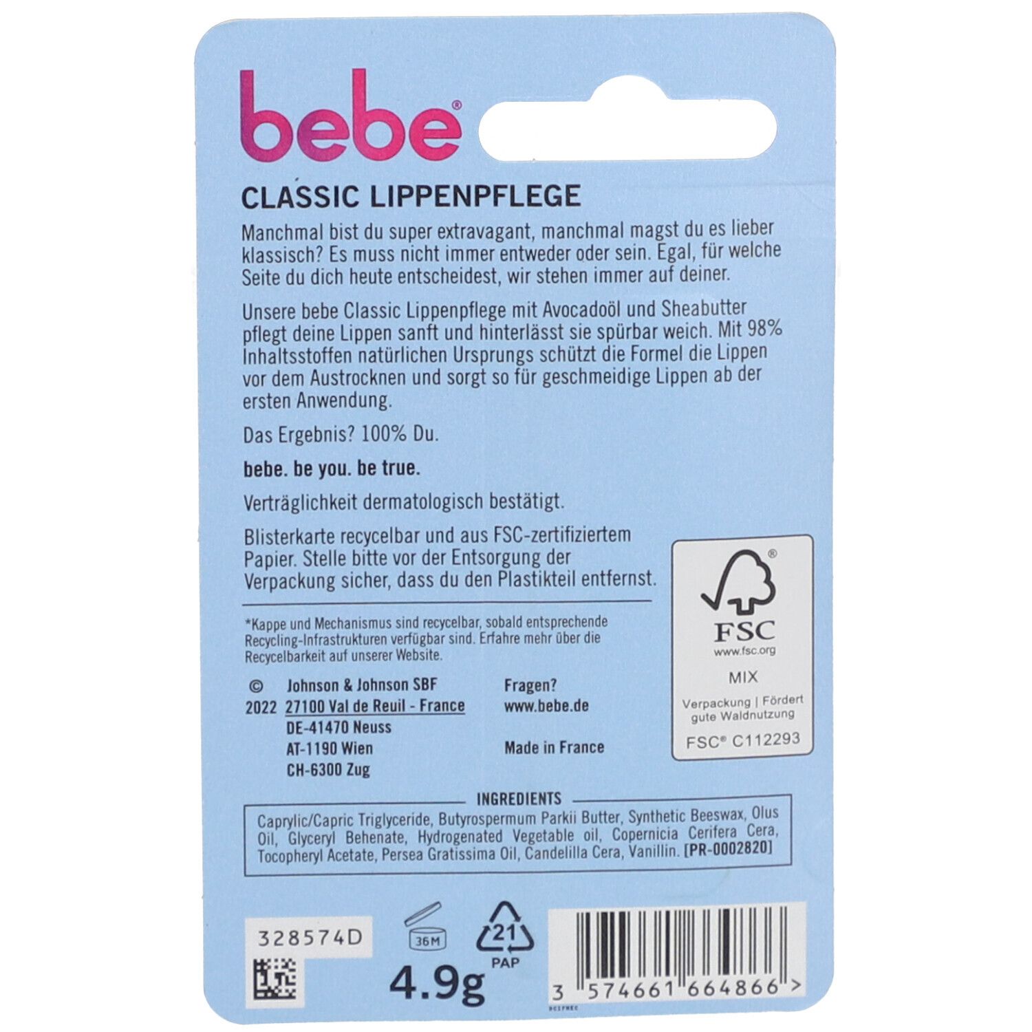 Dos de l'emballage blister. Texte: bebe Classic Lippenpflege. Ingrédients, certification FSC, 4.9g. Marque bebe.