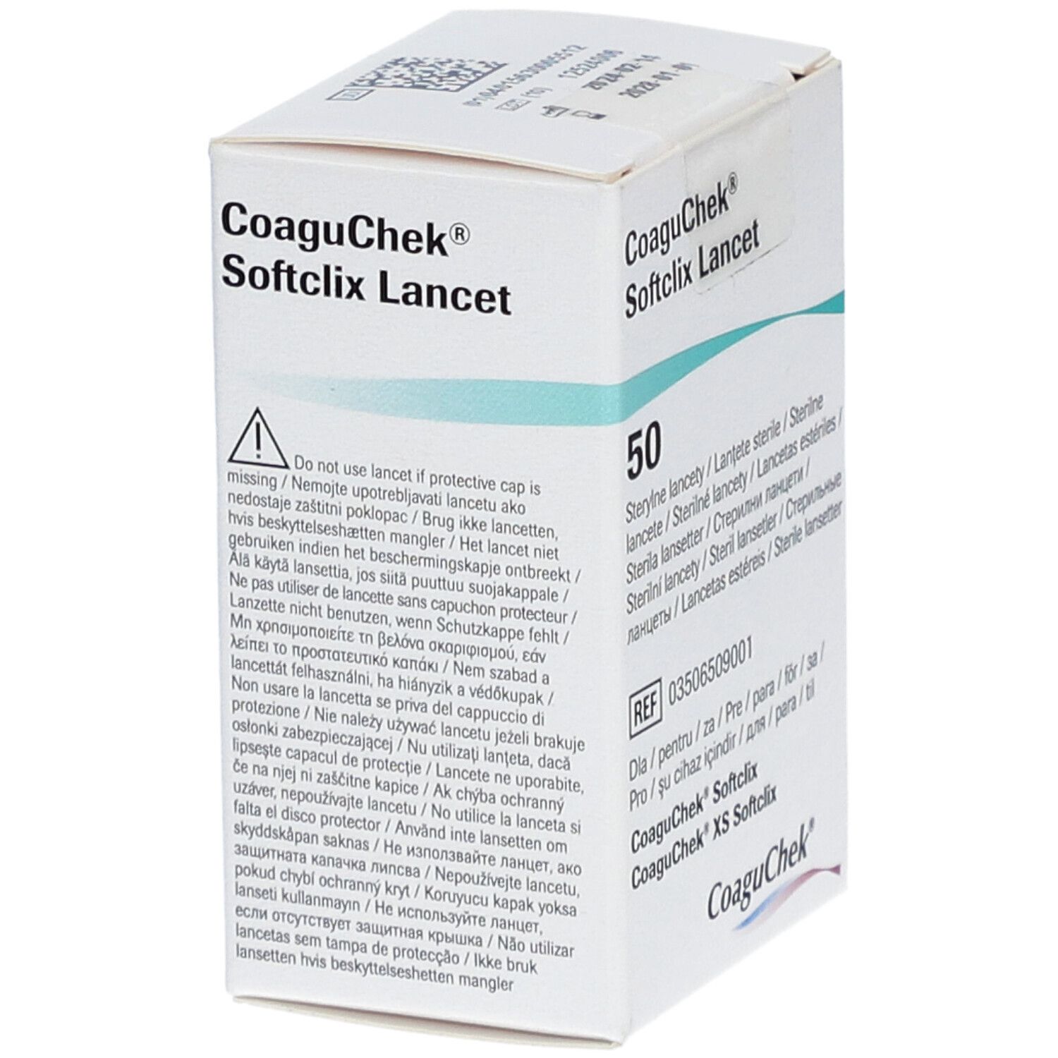 Verpackung von CoaguChek Softclix Lancet. Enthält 50 sterile Lanzetten. Warnhinweis: Nicht verwenden, wenn Schutzkappe fehlt.