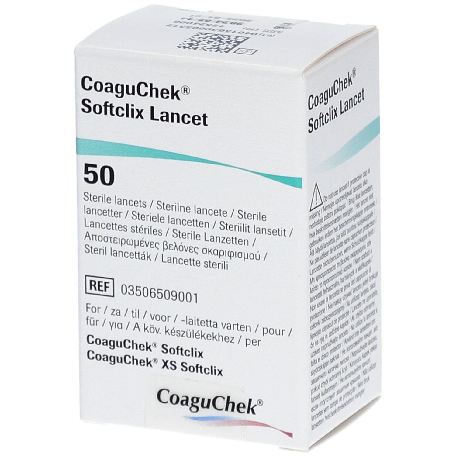 Verpackung von CoaguChek Softclix Lancet. Enthält 50 sterile Lanzetten. Produkt- und Chargeninformationen auf der Verpackung.