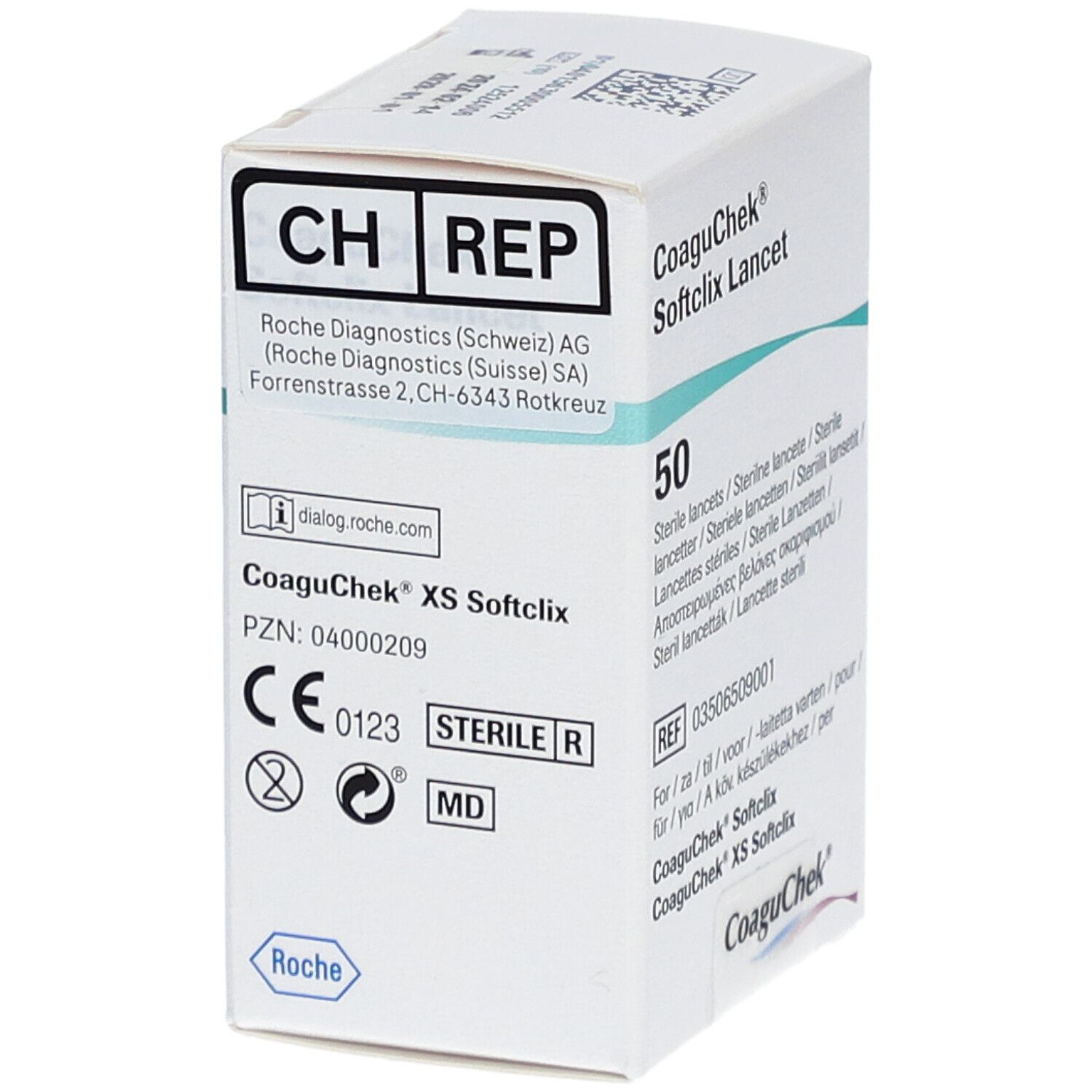 Verpackung von CoaguChek XS Softclix. Enthält 50 sterile Lanzetten. Mit CE-Kennzeichnung und Herstelleradresse.