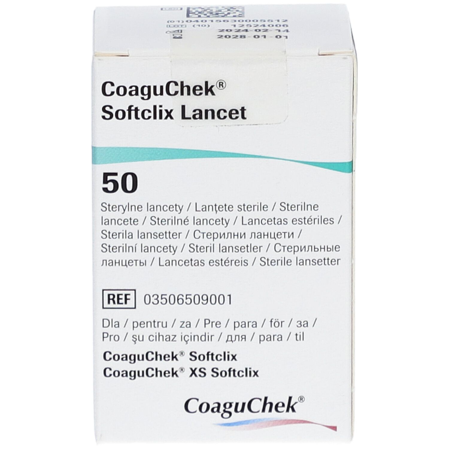Verpackung von CoaguChek Softclix Lancet. Enthält 50 sterile Lanzetten. Produktinformationen und Chargennummer.