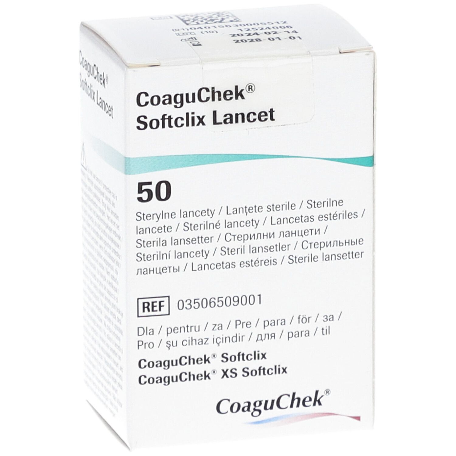 Verpackung von CoaguChek Softclix Lancet. Enthält 50 sterile Lanzetten. Produkt- und Chargeninformationen.