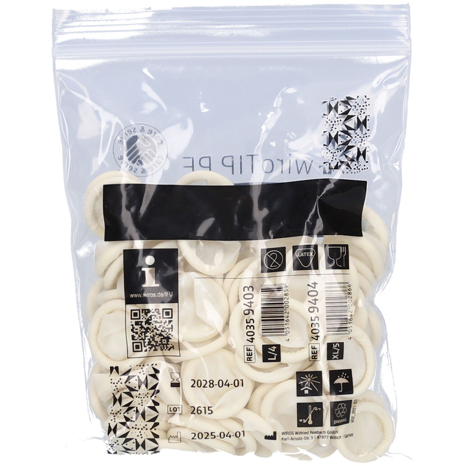Beutel mit Latex-Fingerlingen. Sichtbar sind Fingerlinge, QR-Code, Chargennummer und Haltbarkeitsdatum.