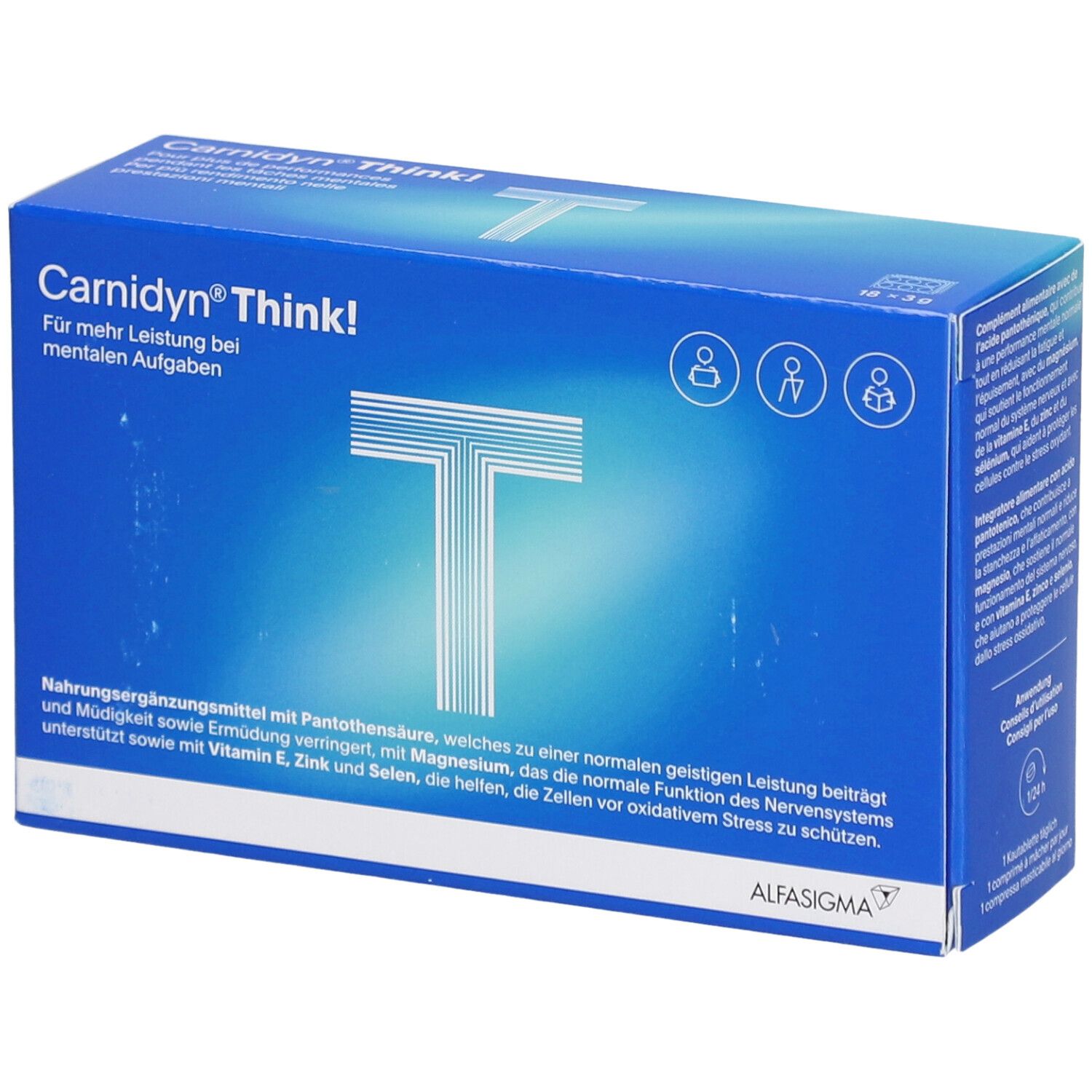 Blau-weiße Schachtel mit "Carnidyn Think!". Text: "Für mehr Leistung bei mentalen Aufgaben". Logo: Großes weißes "T".