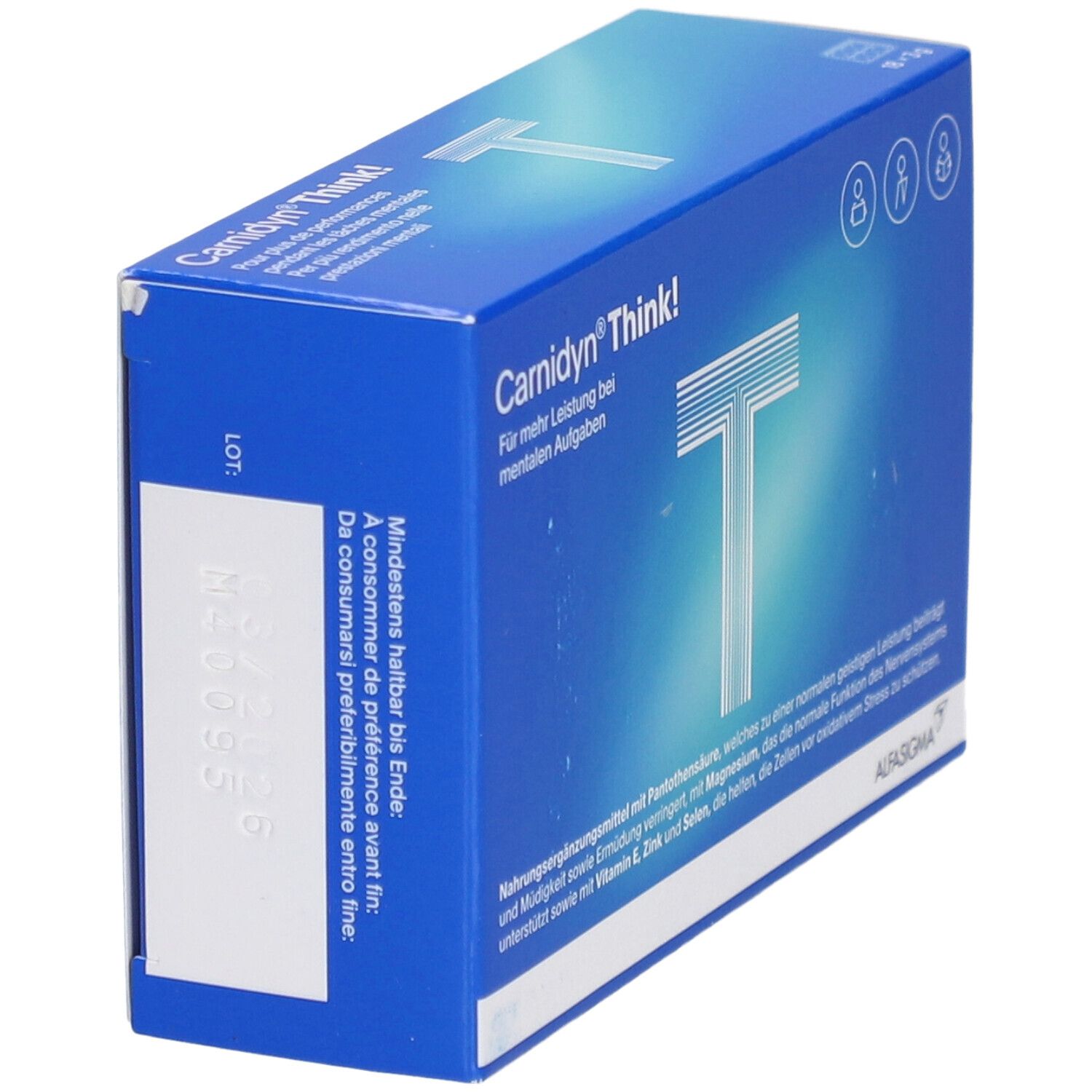 Blaue Schachtel "Carnidyn Think!". Text: "Für mehr Leistung bei mentalen Aufgaben". Logo: Weißes "T". Aufdruck: Mindestens haltbar bis Ende.