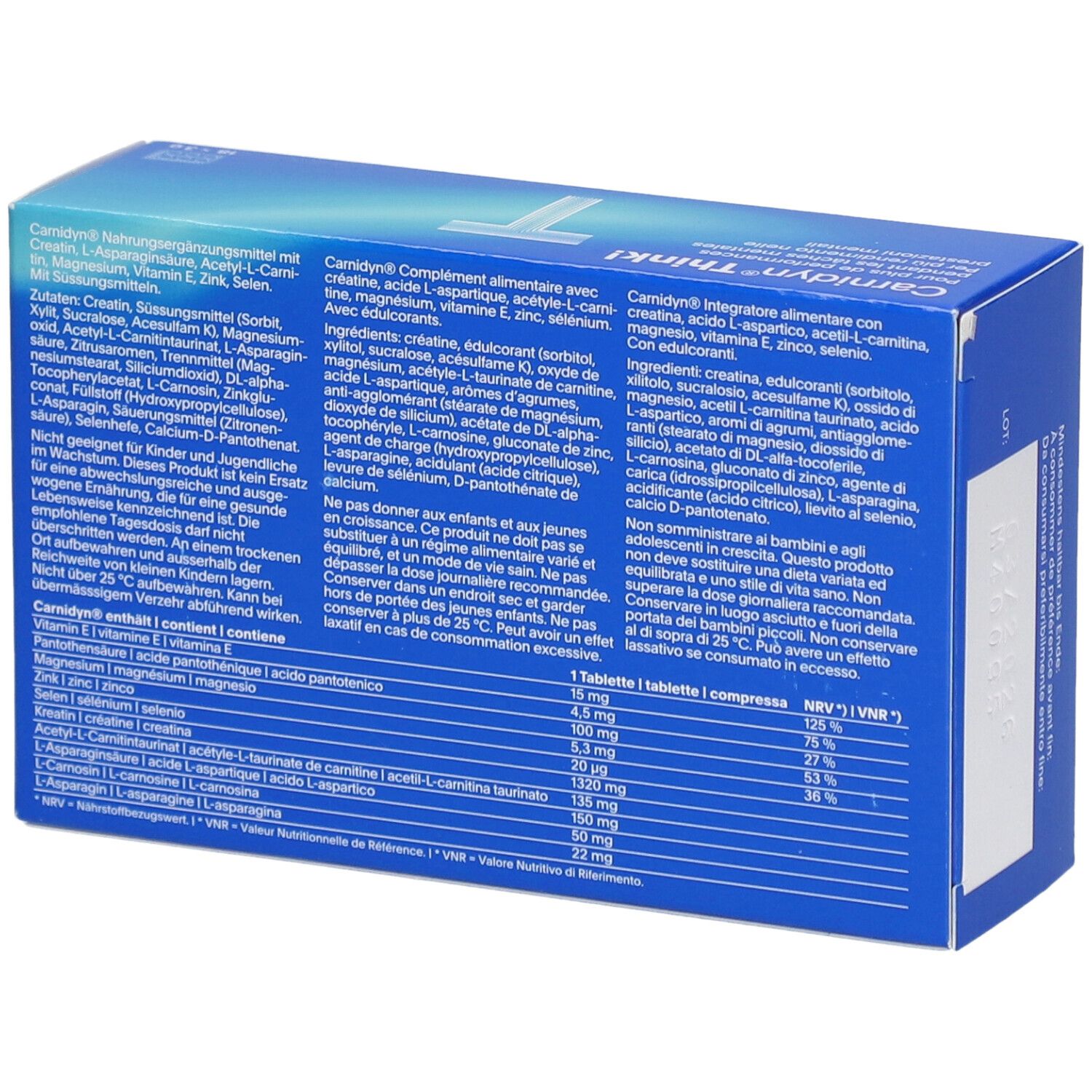 Blaue Schachtel mit Text und Inhaltsangaben. "Carnidyn Think!". Inhaltsstoffe und Nährwerttabelle. Text in Deutsch, Französisch und Italienisch.
