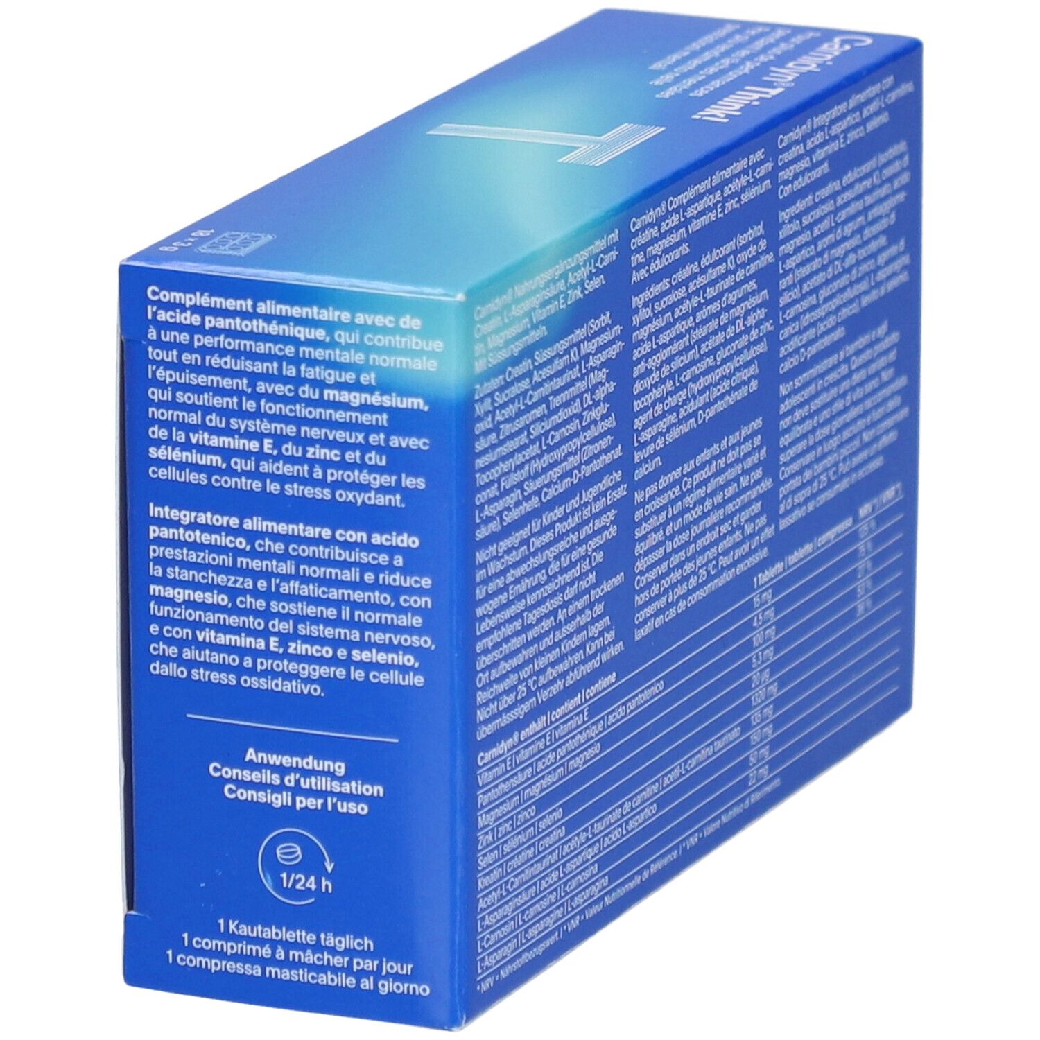 Blaue Schachtel mit Text. "Carnidyn Think!". Text in Deutsch, Französisch und Italienisch. Anwendungshinweise und Nährwerttabelle.