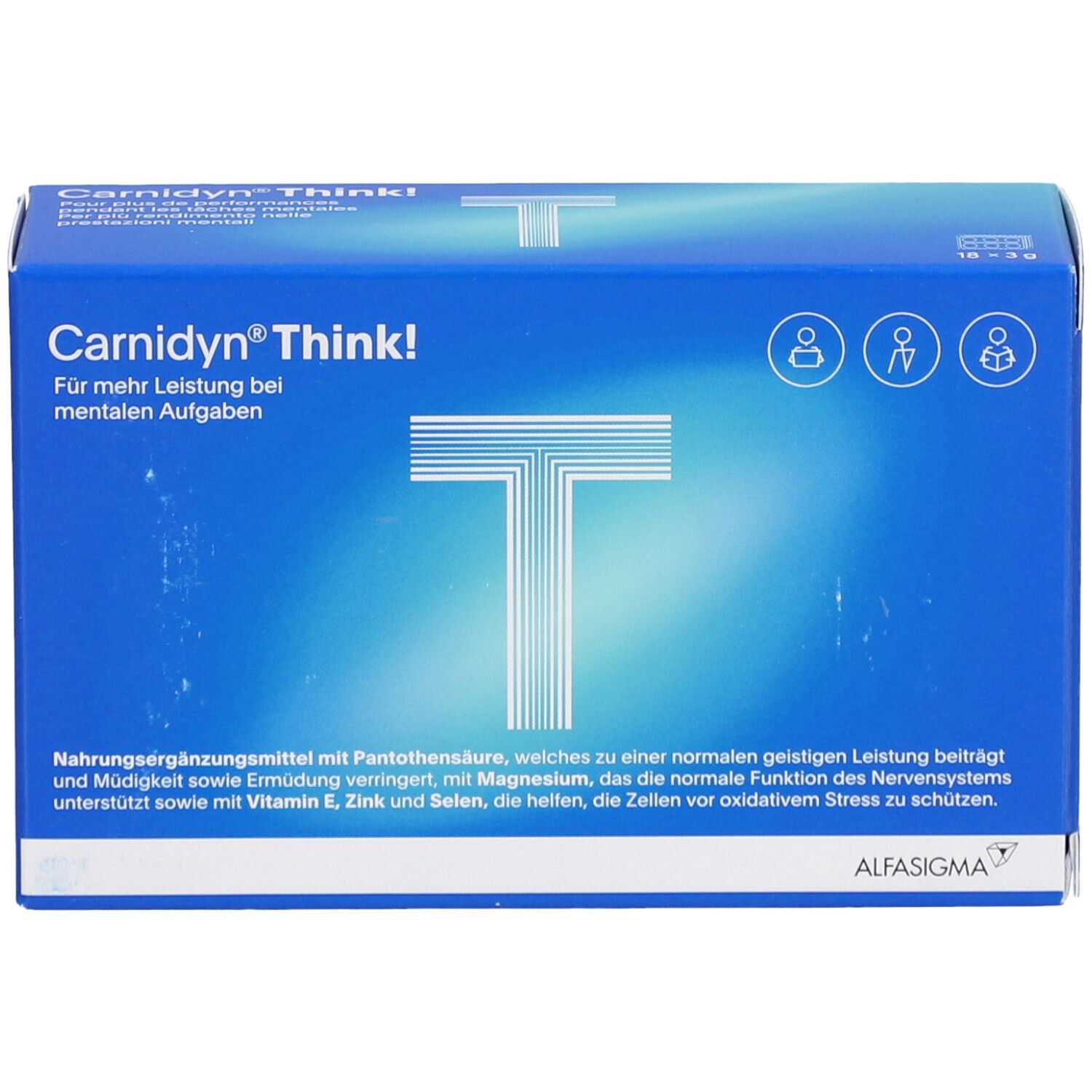 Blaue Schachtel "Carnidyn Think!". Text: "Für mehr Leistung bei mentalen Aufgaben". Logo: Großes weißes "T". Text: ALPHASIGMA.