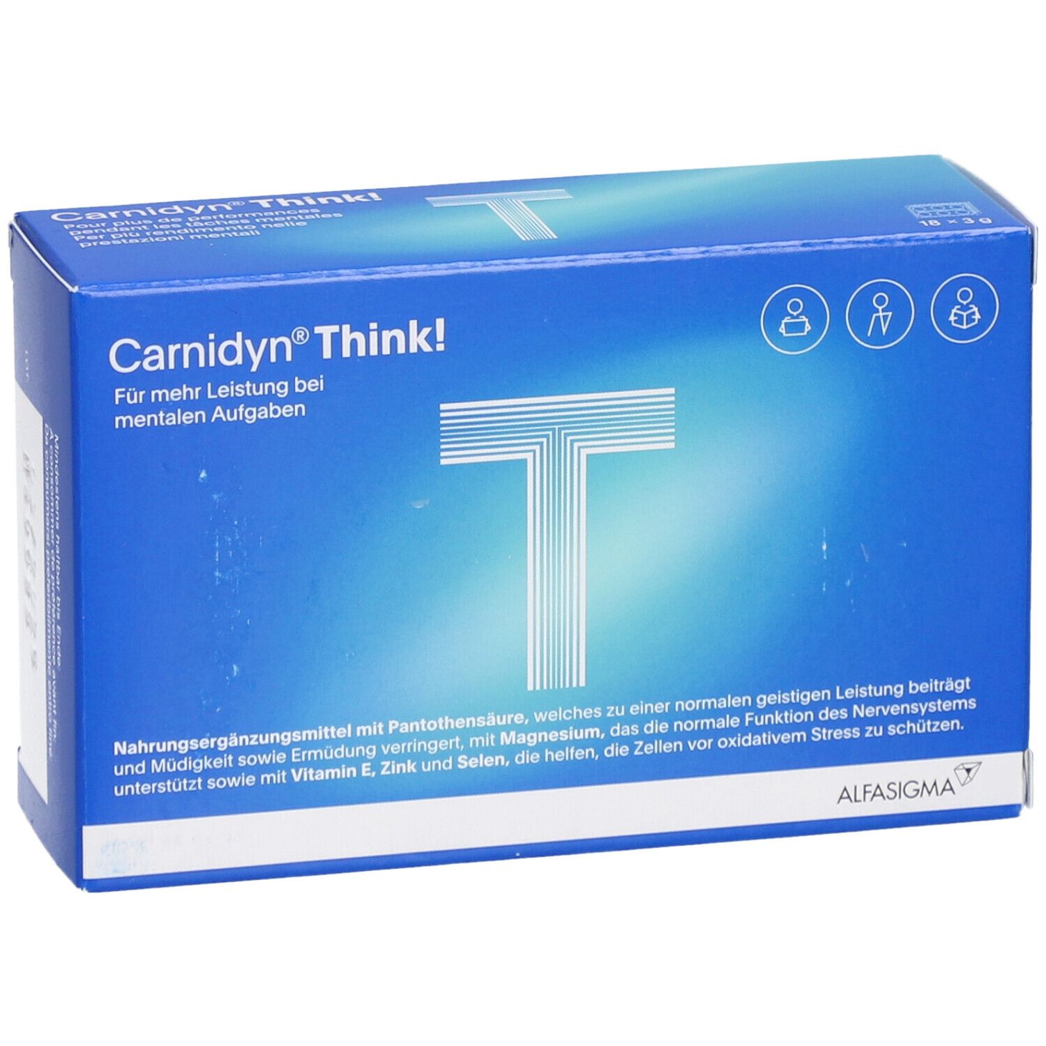 Blaue Schachtel "Carnidyn Think!". Text: "Für mehr Leistung bei mentalen Aufgaben". Logo: Großes weißes "T". Text: ALPHASIGMA.