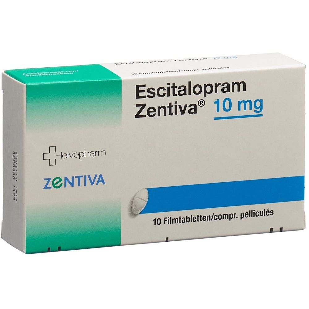 Schachtel mit Escitalopram Zentiva 10 mg Filmtabletten. Weiß, blau und grün. Text: Escitalopram Zentiva 10 mg, 10 Filmtabletten.