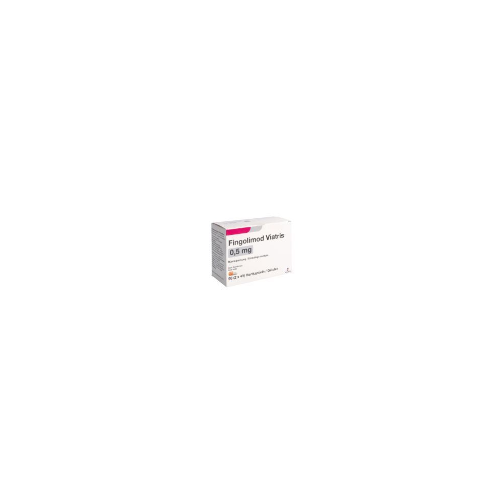 Karton mit Fingolimod Viatris 0,5 mg. Weißer Karton mit roter und grauer Schrift. Enthält 98 Stück.