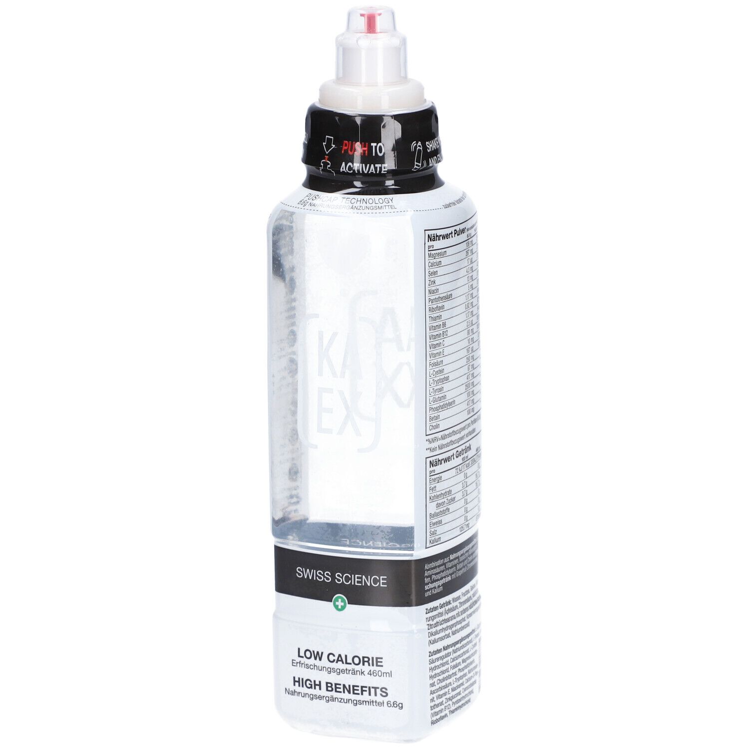 Klare Flasche mit schwarzem Deckel und roter Spitze. Aufschrift KAEX und Swiss Science. Text: Low Calorie, High Benefits.