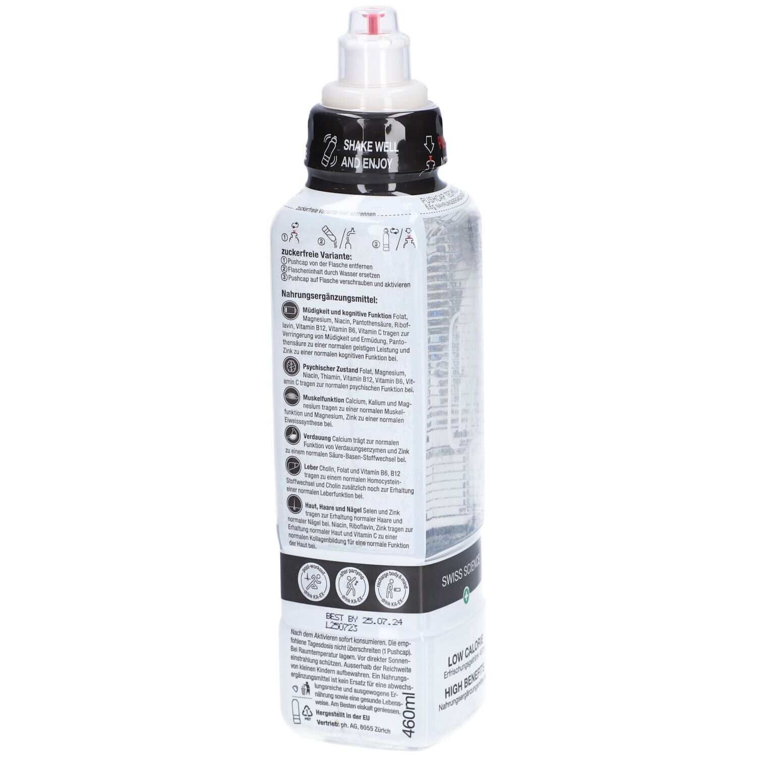Rückseite der Flasche mit Text. Enthält Informationen über Inhaltsstoffe und Nährwerte. Swiss Science Logo und Haltbarkeitsdatum.