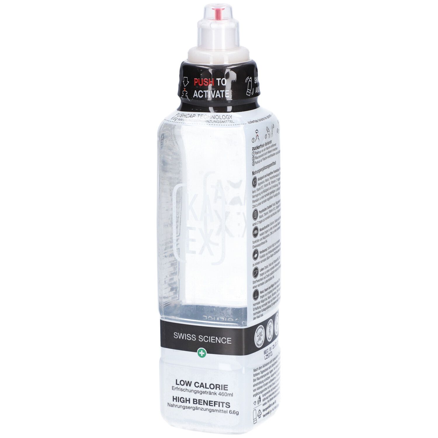 Klare Flasche mit schwarzem Deckel und roter Spitze. Aufschrift KAEX und Swiss Science. Text: Low Calorie, High Benefits.