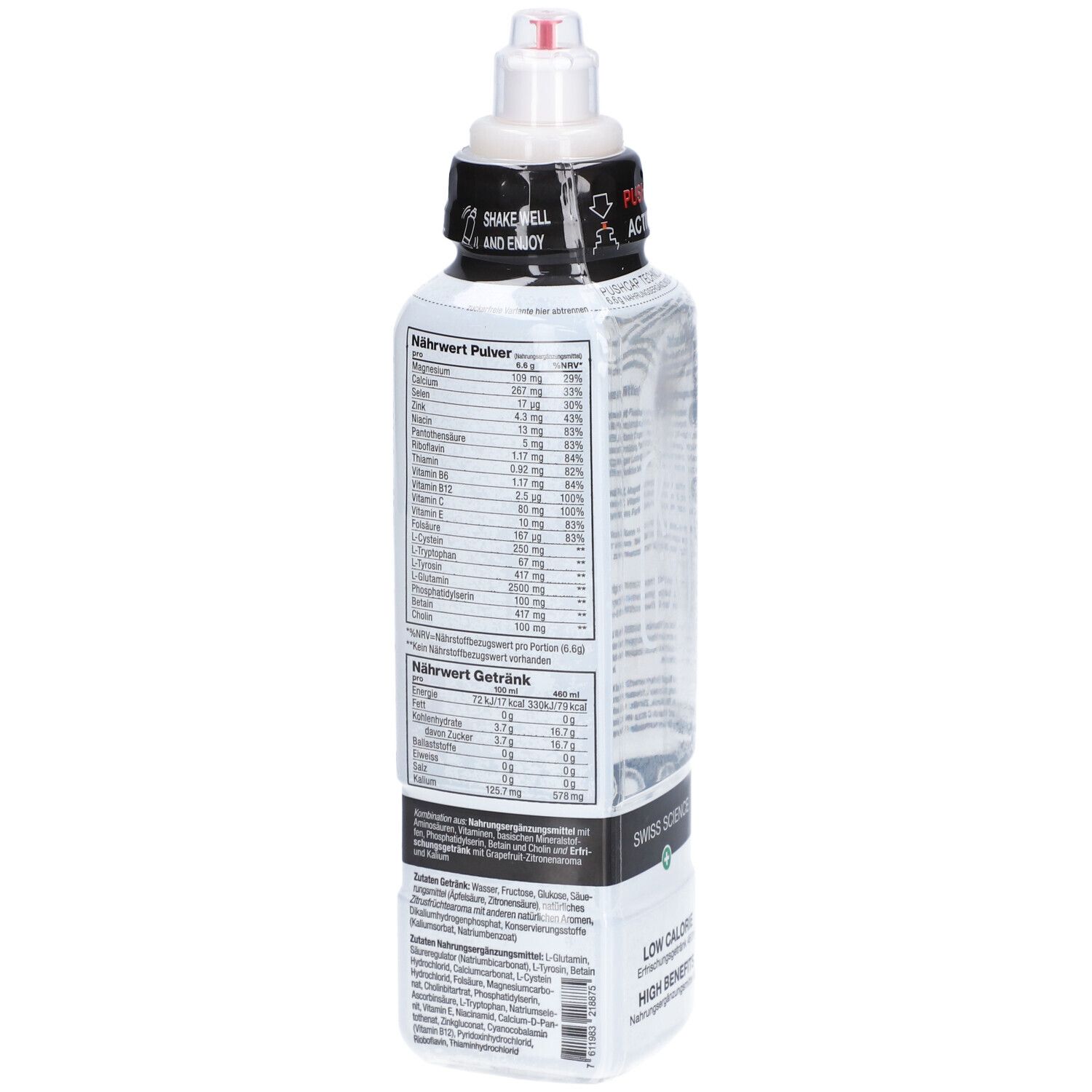 Rückseite der Flasche mit Text. Enthält Informationen über Nährwerte. Swiss Science Logo und weitere Informationen.