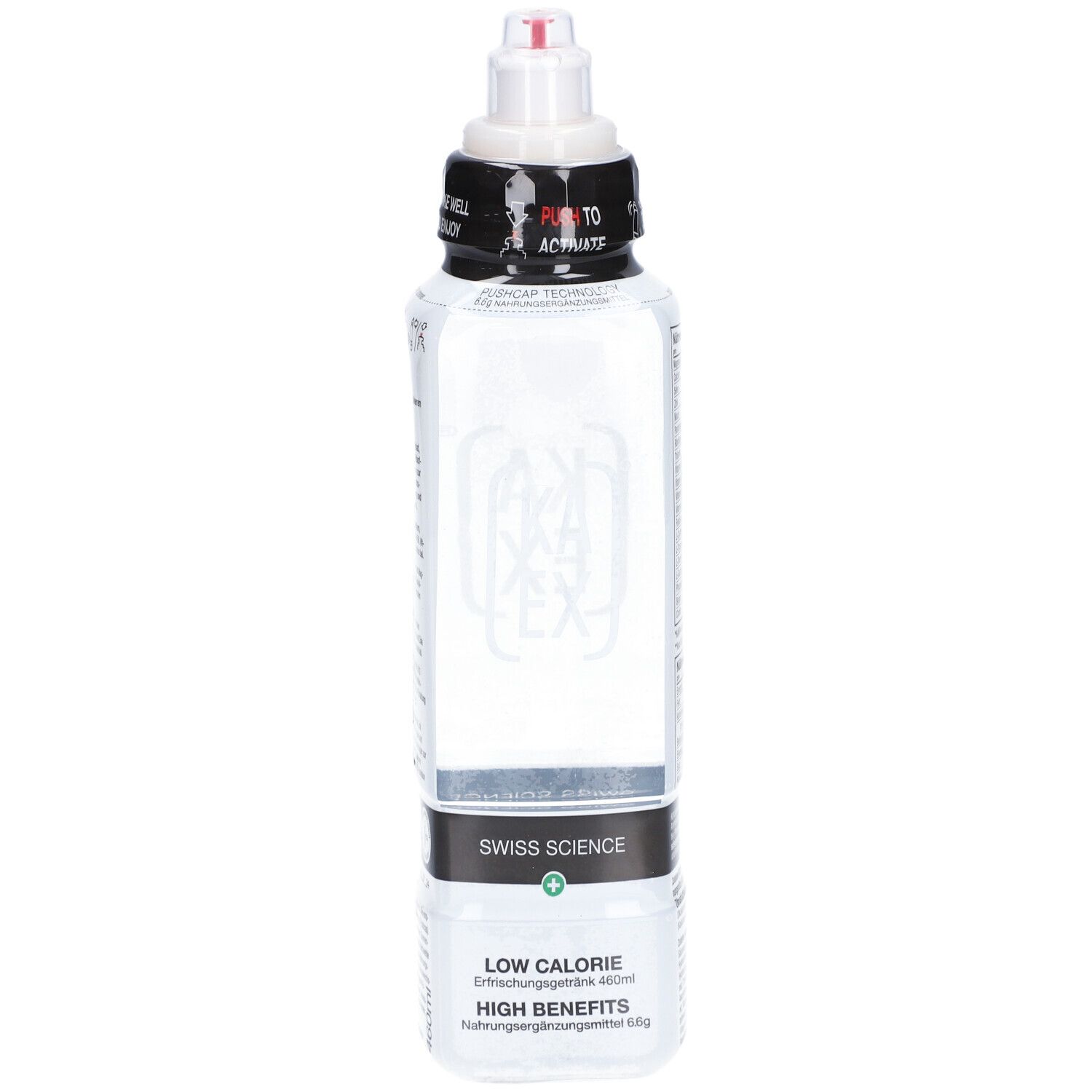 Klare Flasche mit schwarzem Deckel und roter Spitze. Aufschrift KAEX und Swiss Science. Text: Low Calorie, High Benefits.