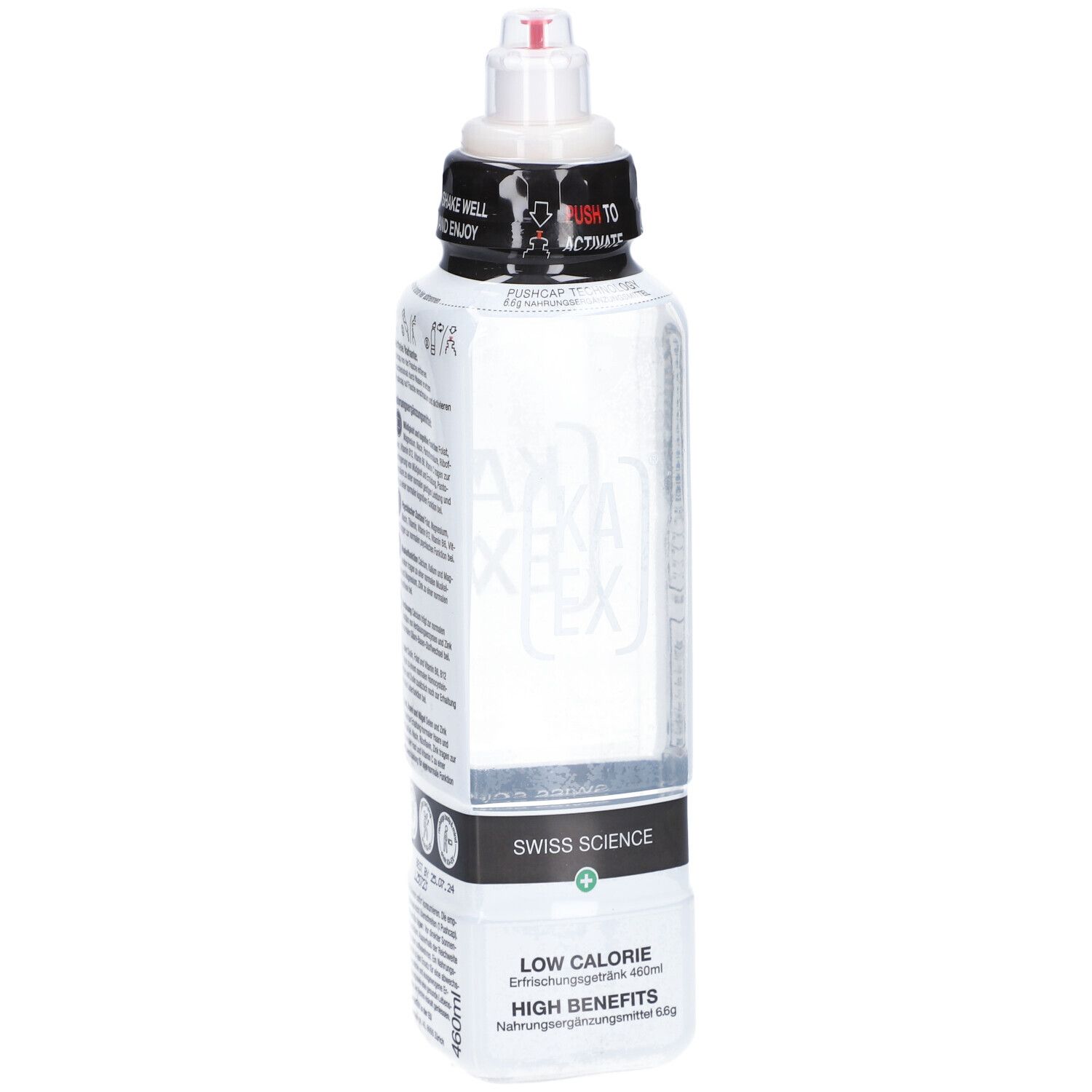 Klare Flasche mit schwarzem Deckel und roter Spitze. Aufschrift KAEX und Swiss Science. Text: Low Calorie, High Benefits.