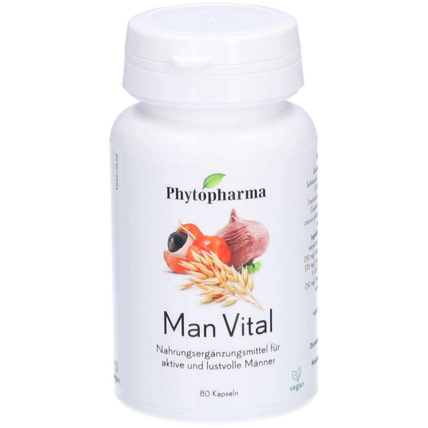 Weiße Flasche mit Kapseln. Aufdruck: Phytopharma, Man Vital. Abbildung von Früchten und Getreide. 80 Kapseln. Vegan.
