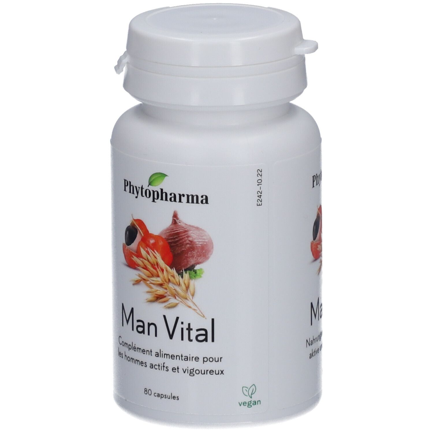 Weiße Flasche mit Kapseln. Aufdruck: Phytopharma, Man Vital. Abbildung von Früchten und Getreide. 60 Kapseln. Vegan.