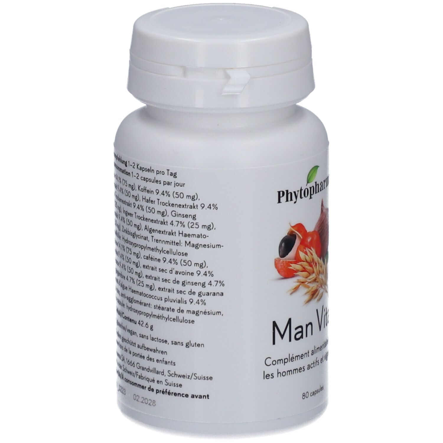 Weiße Flasche mit Kapseln. Aufdruck: Phytopharma, Man Vital. Zutatenliste und Abbildung von Früchten und Getreide. 60 Kapseln.
