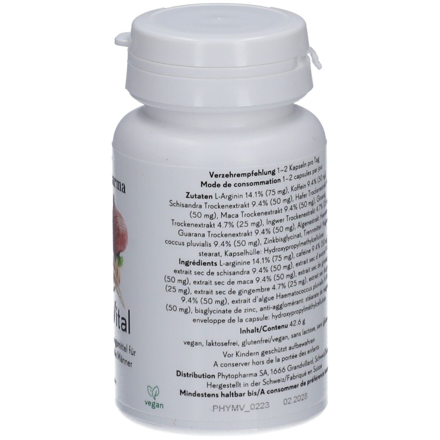 Weiße Flasche mit Kapseln. Aufdruck: Phytopharma, Man Vital. Zutatenliste und Abbildung von Früchten und Getreide. 60 Kapseln.