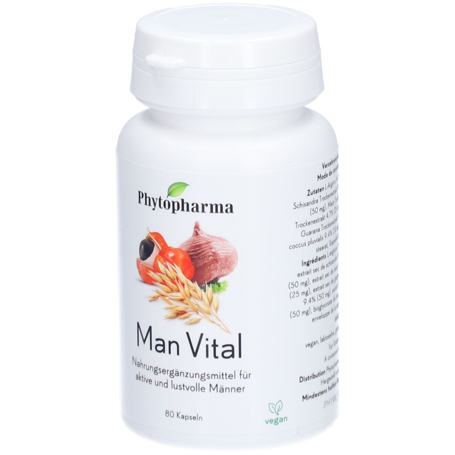 Weiße Flasche mit Kapseln. Aufdruck: Phytopharma, Man Vital. Abbildung von Früchten und Getreide. 80 Kapseln. Vegan.
