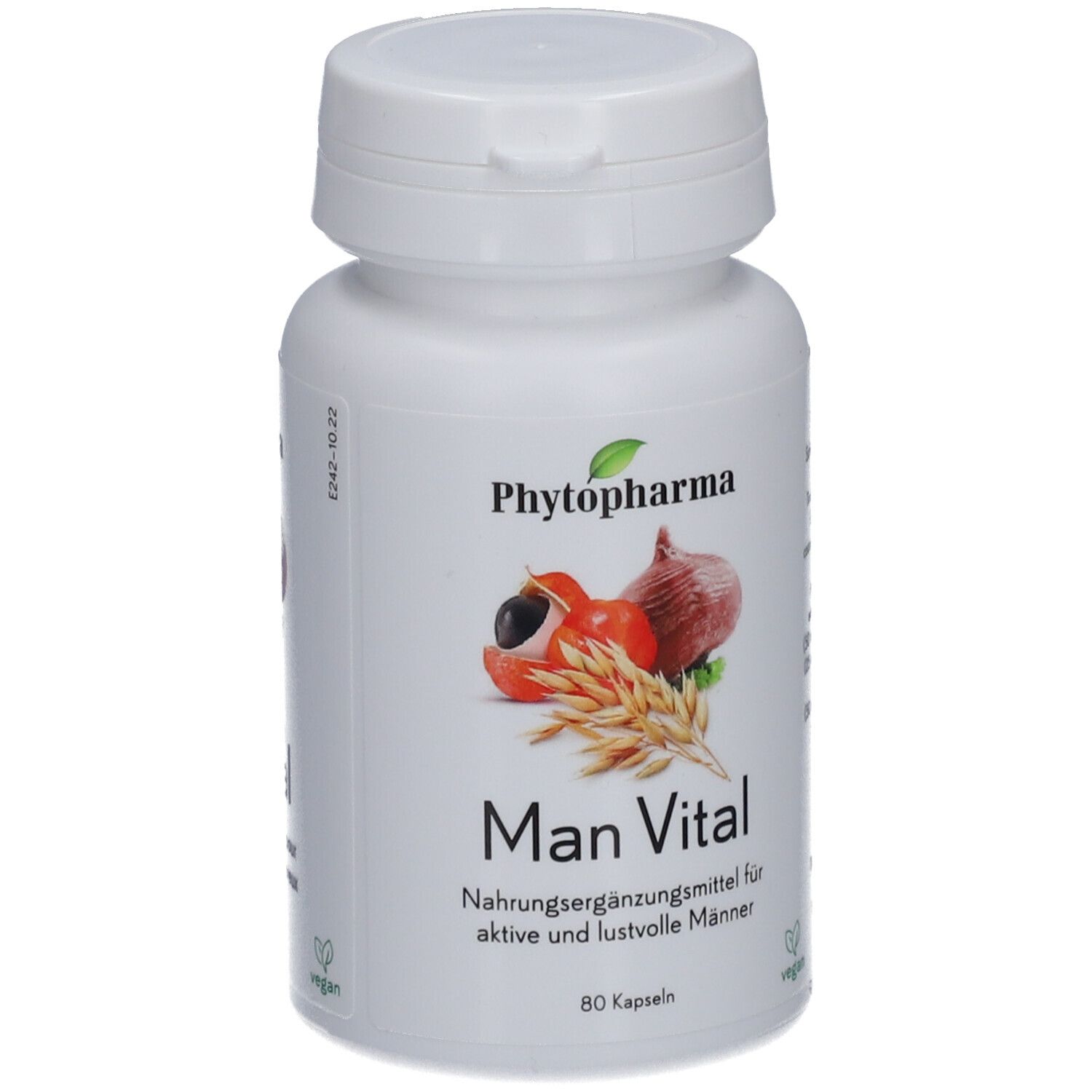 Weiße Flasche mit Kapseln. Aufdruck: Phytopharma, Man Vital. Abbildung von Früchten und Getreide. 80 Kapseln. Vegan.