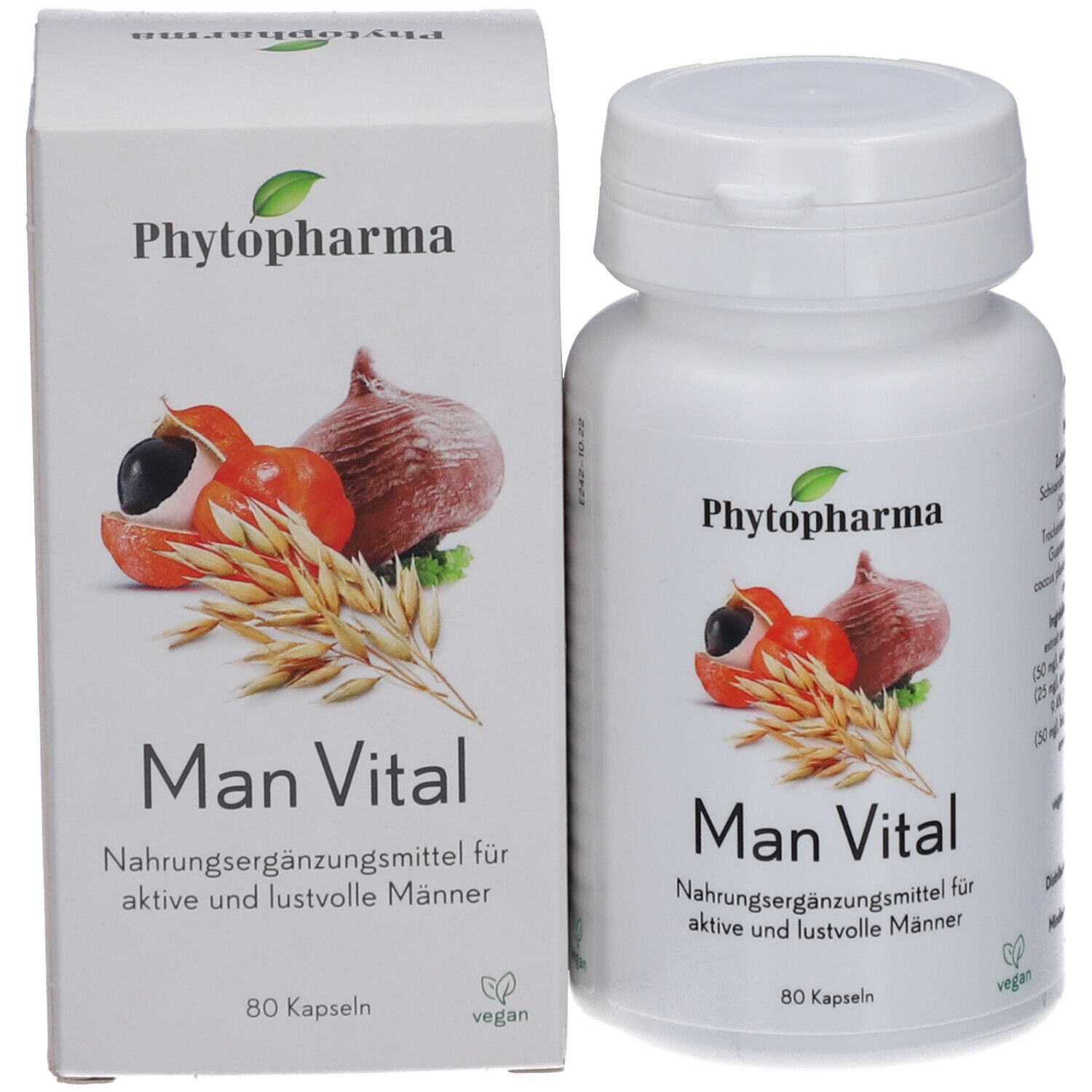 Produktverpackung: Flasche und Schachtel. Aufdruck: Phytopharma, Man Vital. Abbildung von Früchten und Getreide. 80 Kapseln. Vegan.