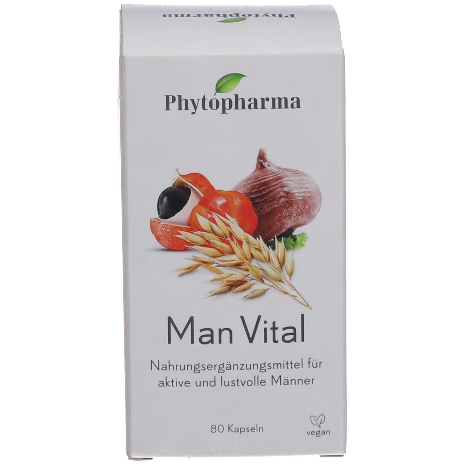 Produktverpackung: Schachtel. Aufdruck: Phytopharma, Man Vital. Abbildung von Früchten und Getreide. 80 Kapseln. Vegan.