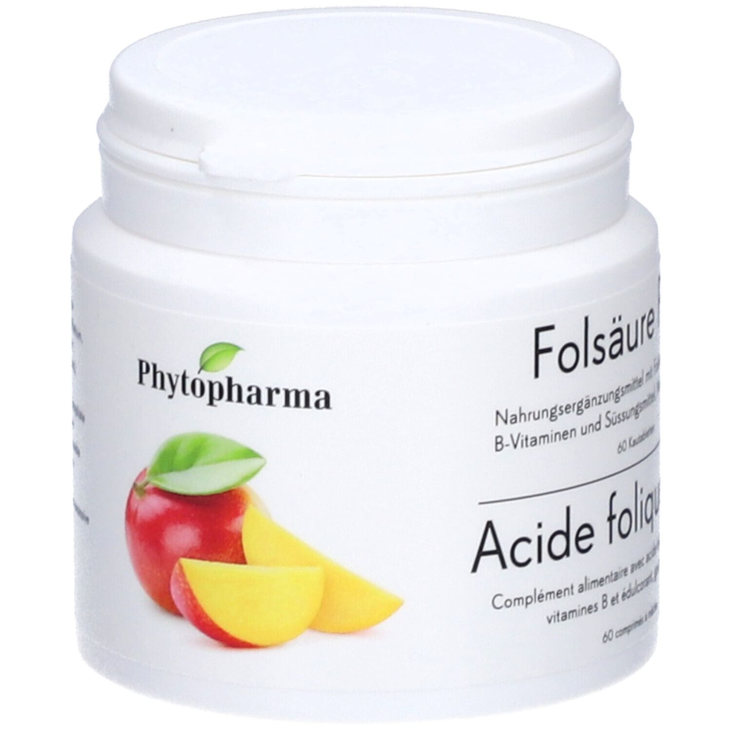 Weiße Dose mit Deckel. Aufkleber mit Apfel- und Mangodarstellung, Phytopharma-Logo und Produktbezeichnung.