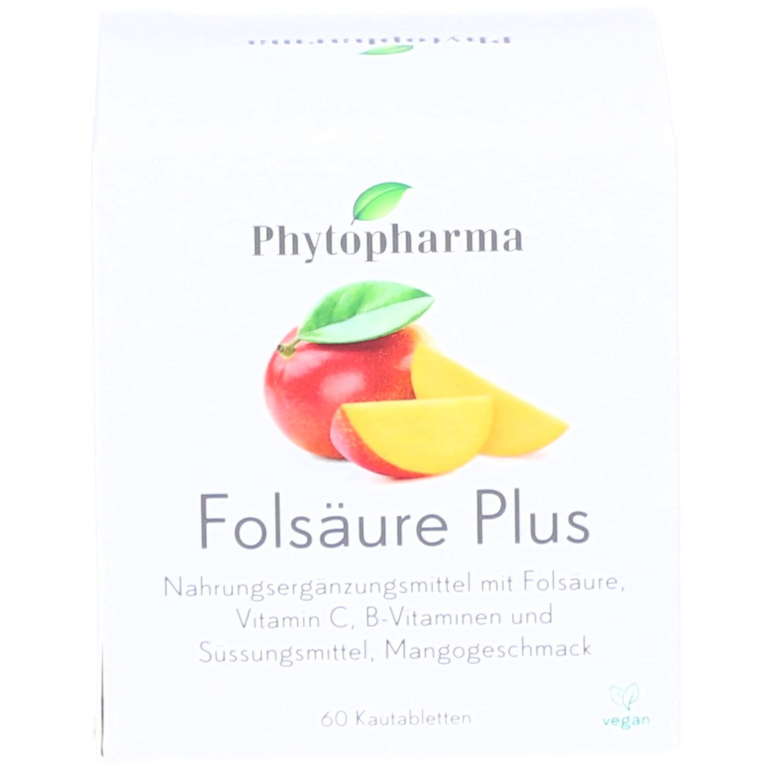 Weiße Schachtel mit Produktbezeichnung, Logo und Abbildung von Apfel und Mango. Vegan-Siegel.