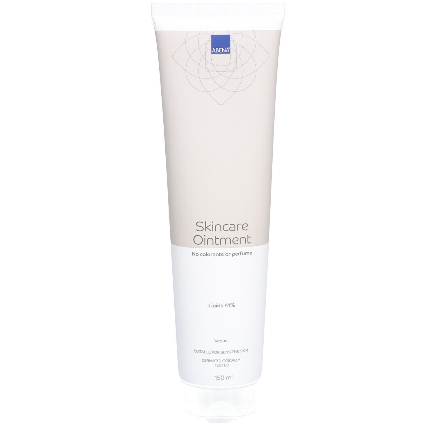 Creme-Tube, weiß-beige. ABENA-Logo. Aufschrift: Skincare Ointment, ohne Farb- und Duftstoffe. 150 ml.