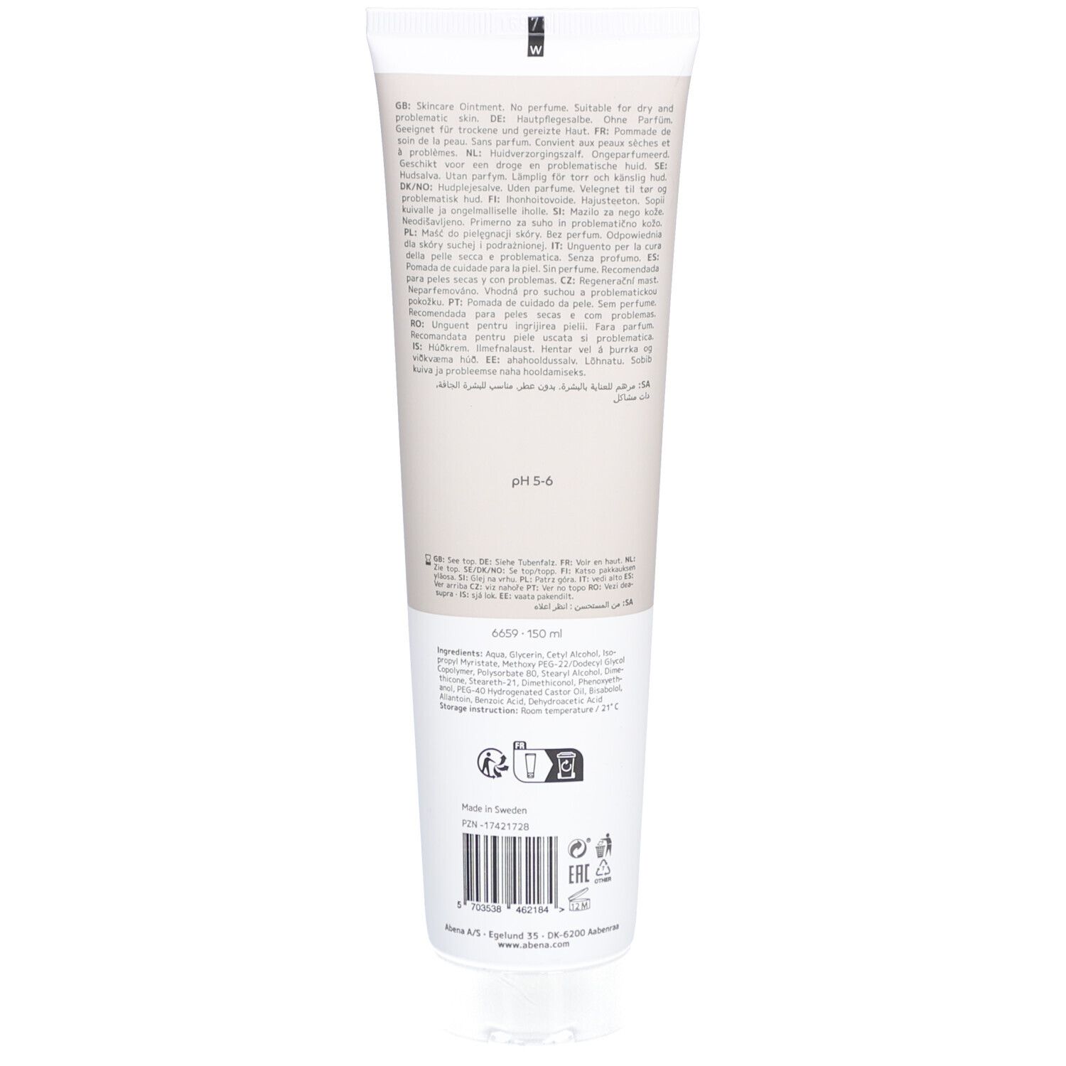 Rückseite der Creme-Tube. Text in mehreren Sprachen. pH 5-6. Inhaltsstoffe. 150 ml. Hergestellt in Schweden.